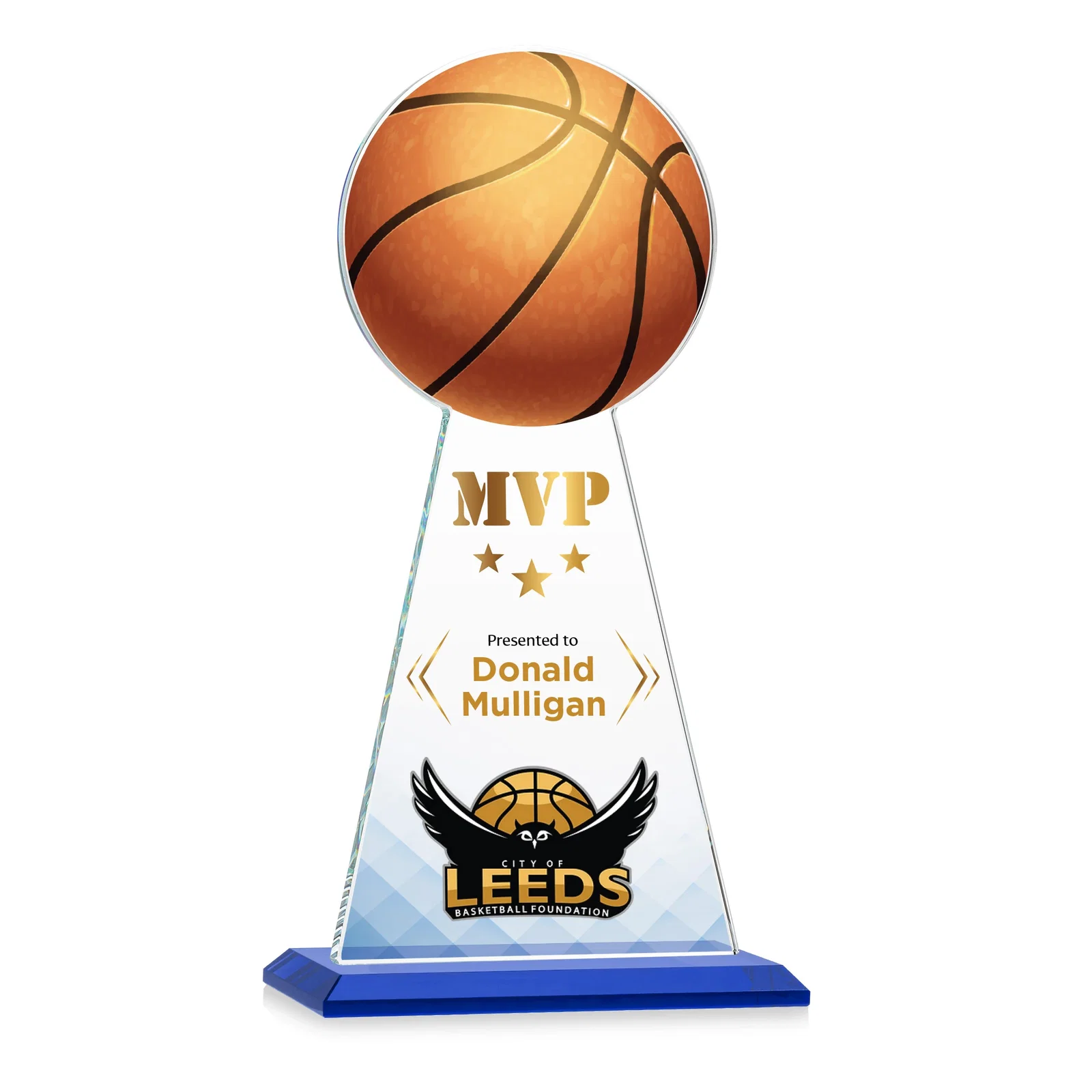 Custom printed Starfire Crystal Summit Award with Basketball-Shaped Peak for team milestone celebrations