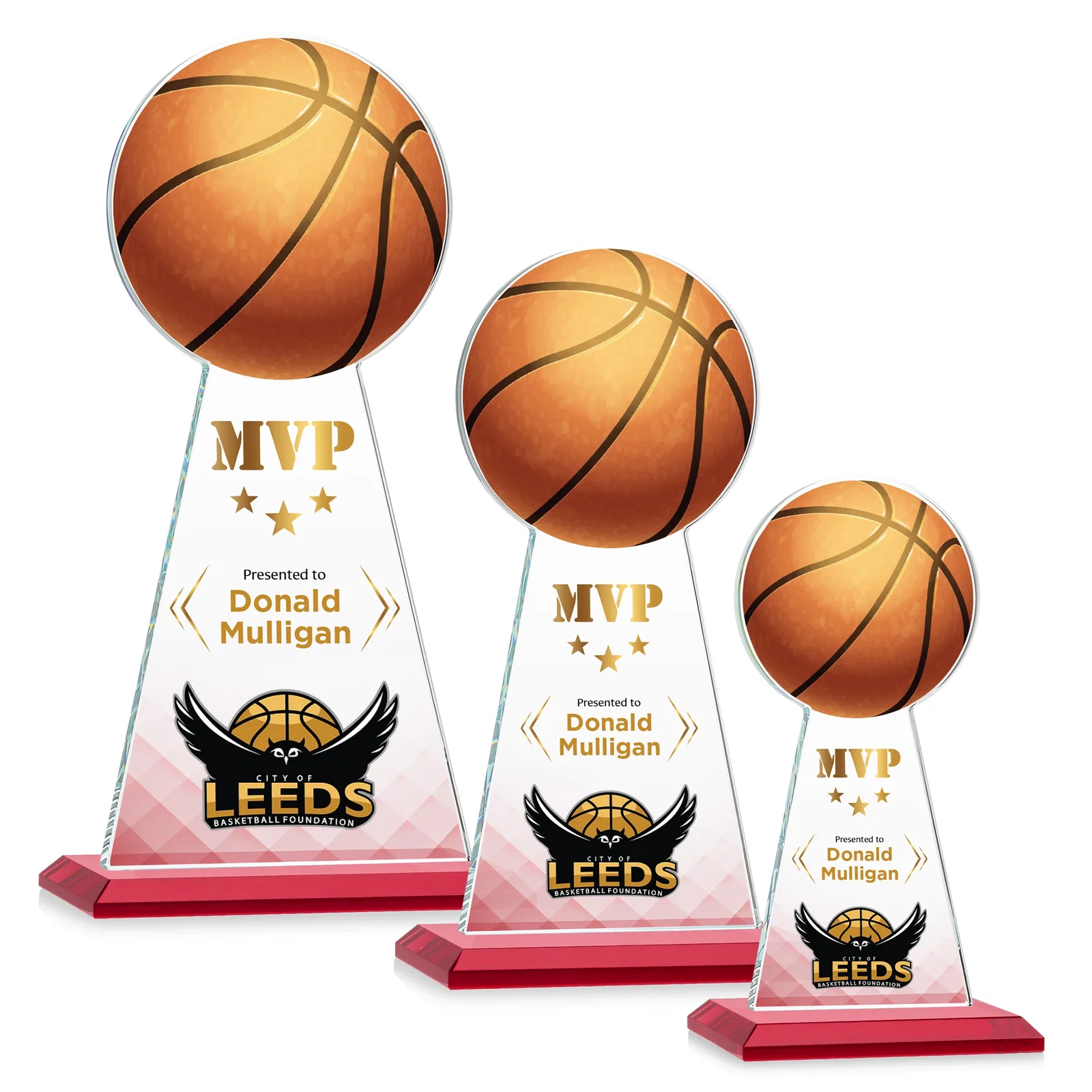 Custom printed Starfire Crystal Summit Award with Basketball-Shaped Peak for donor appreciation