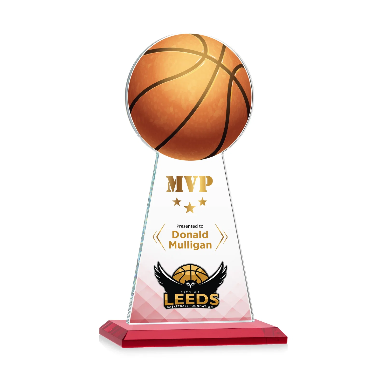 Custom printed Starfire Crystal Summit Award with Basketball-Shaped Peak for safety achievement programs