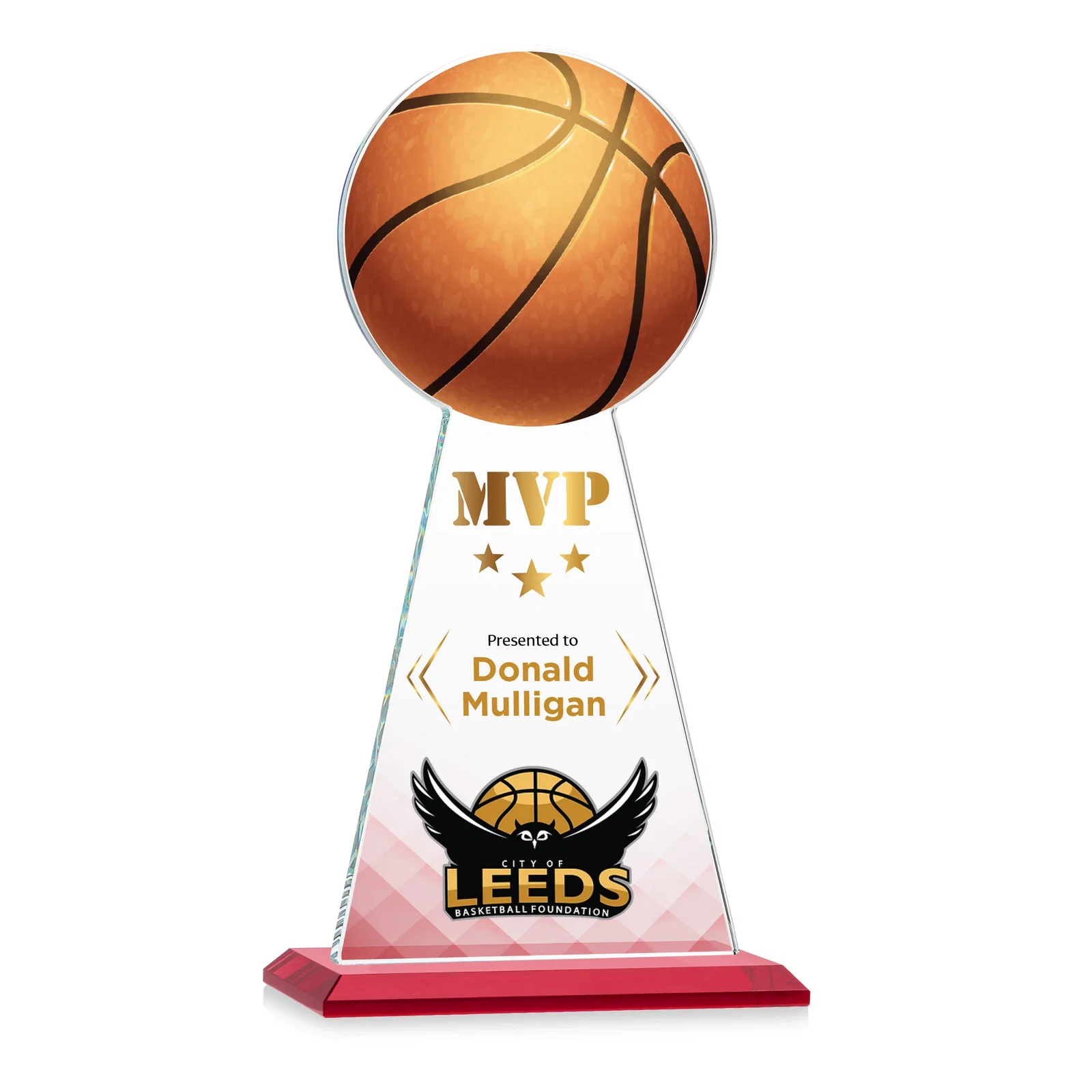 Custom printed Starfire Crystal Summit Award with Basketball-Shaped Peak for volunteer appreciation