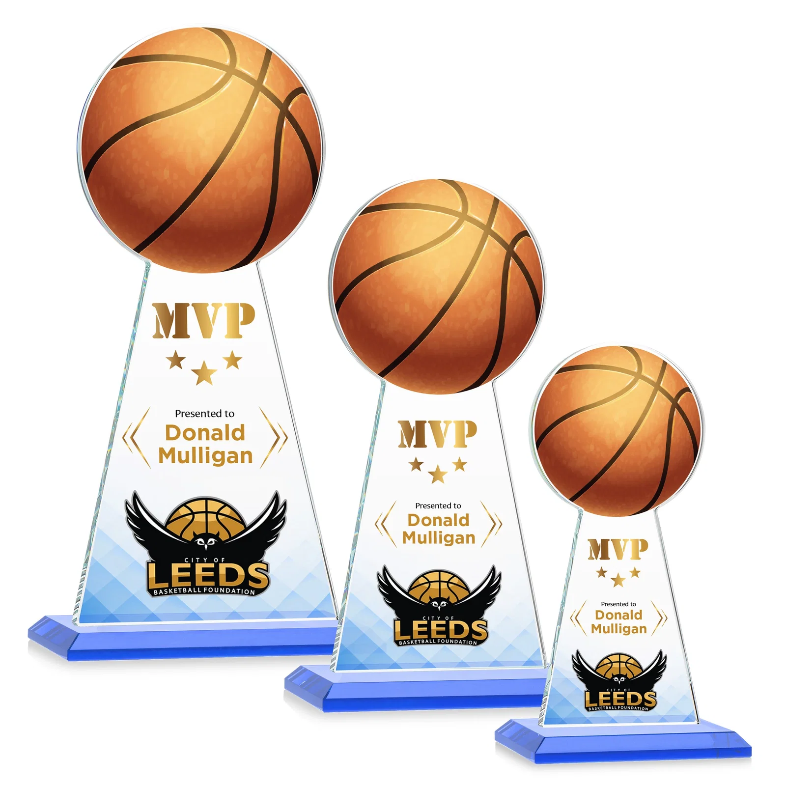 Custom printed Starfire Crystal Summit Award with Basketball-Shaped Peak for dealer and partner awards