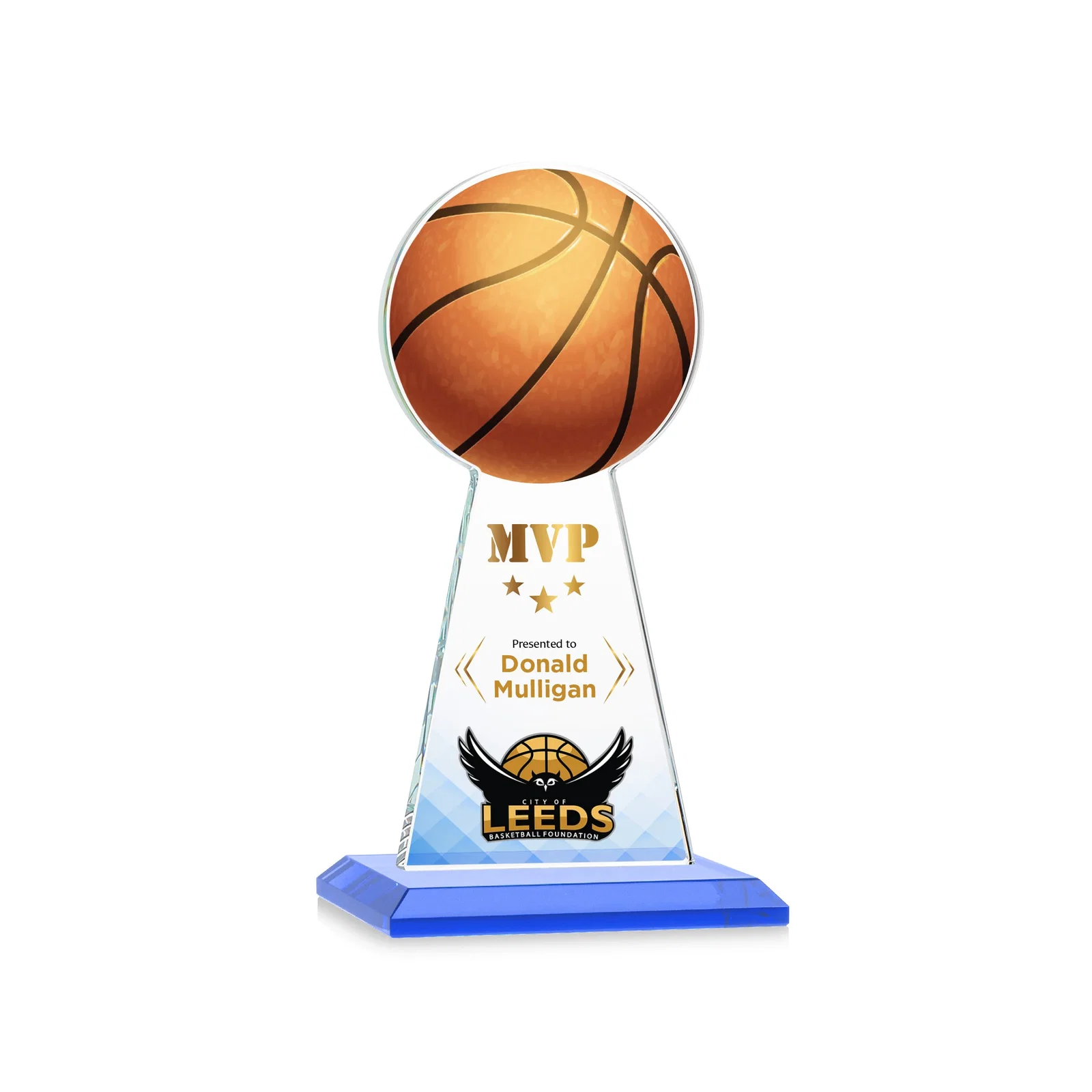 Custom printed Starfire Crystal Summit Award with Basketball-Shaped Peak for company anniversary events
