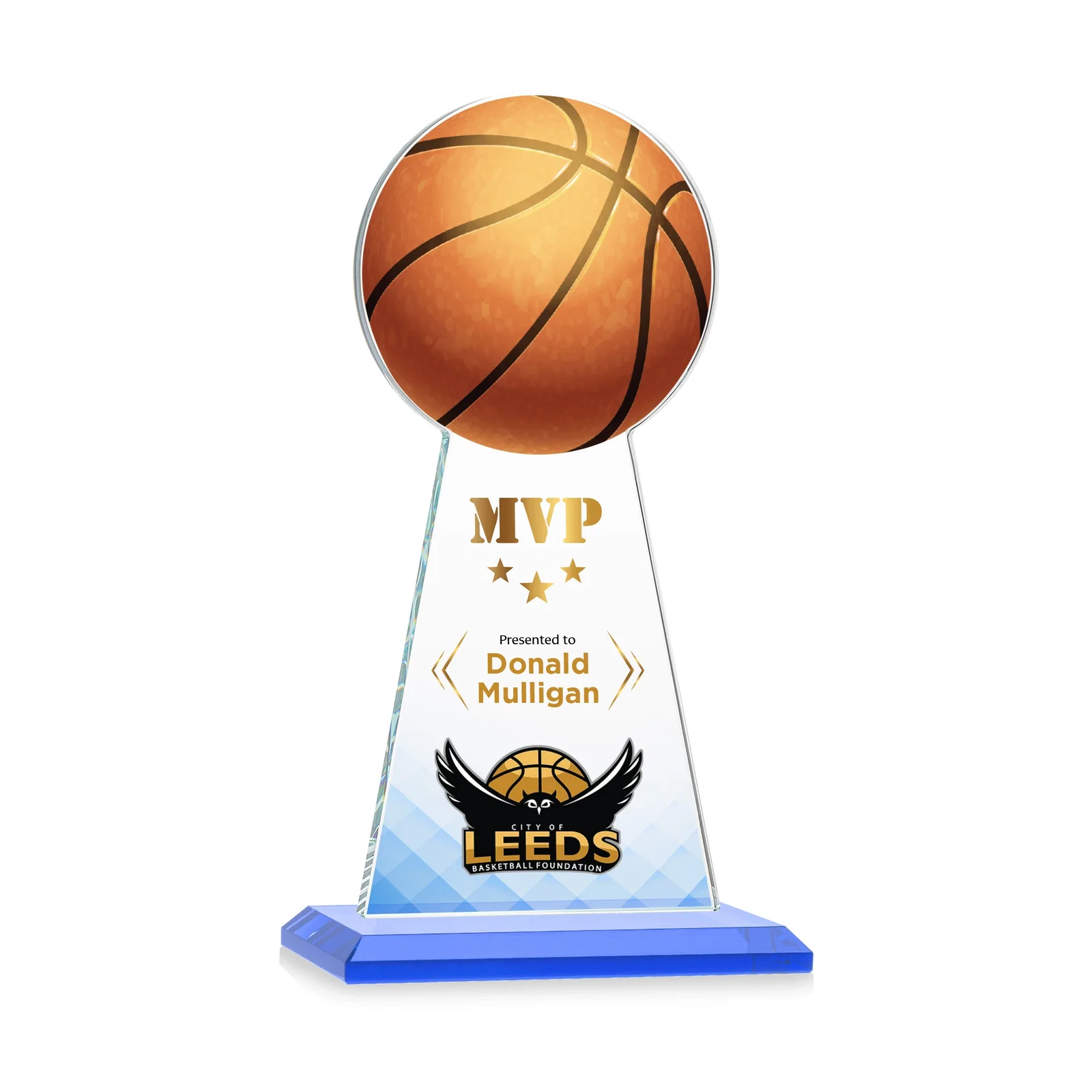 Customized Starfire Crystal Summit Award with Basketball-Shaped Peak for employee recognition