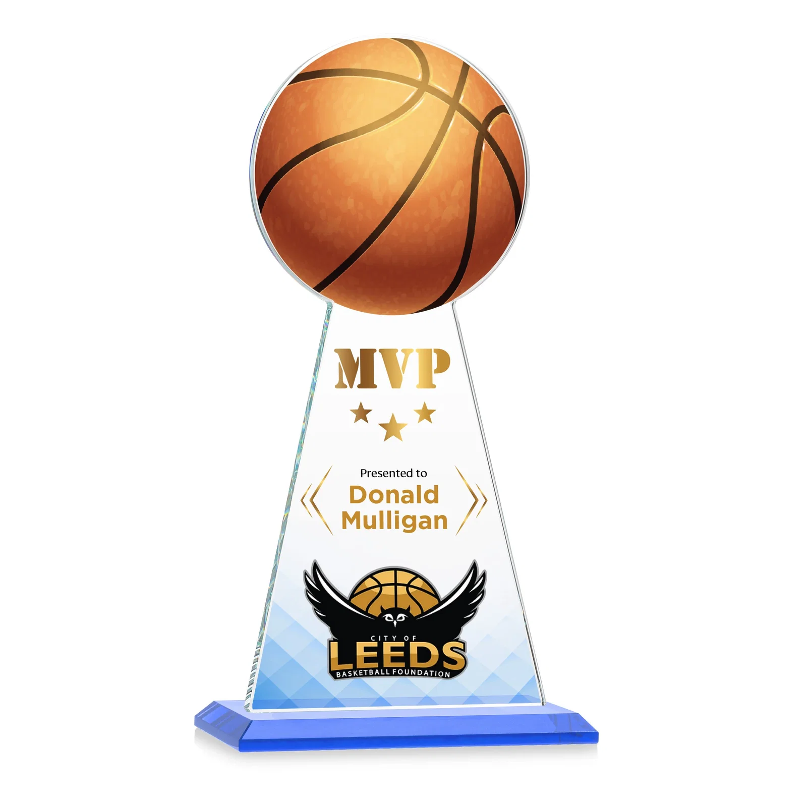 Customized Starfire Crystal Summit Award with Basketball-Shaped Peak for corporate award ceremonies