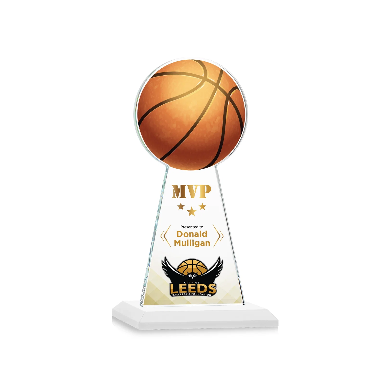 Customized Starfire Crystal Summit Award with Basketball-Shaped Peak for sales achievement awards