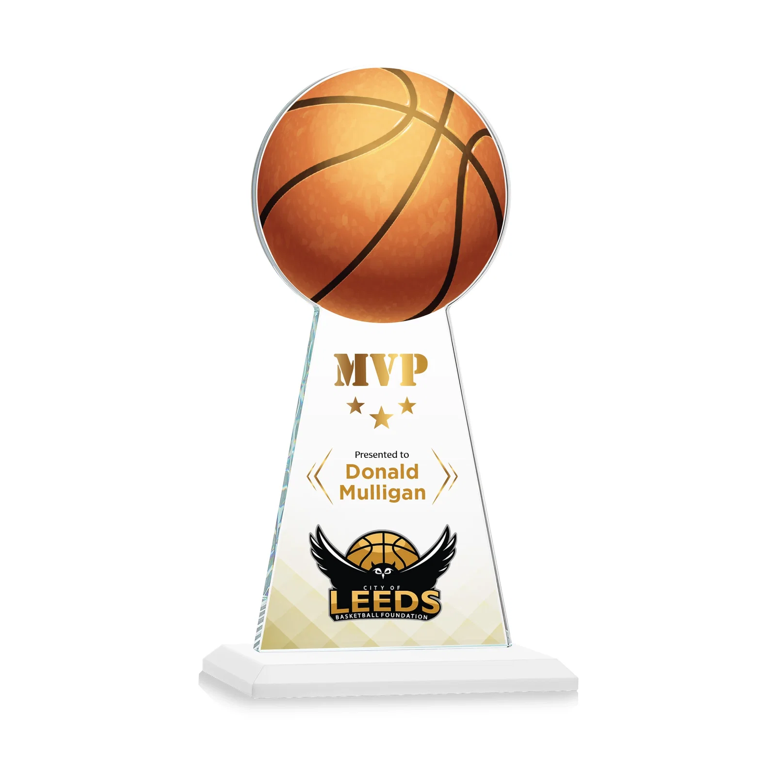 Customized Starfire Crystal Summit Award with Basketball-Shaped Peak for retirement presentations