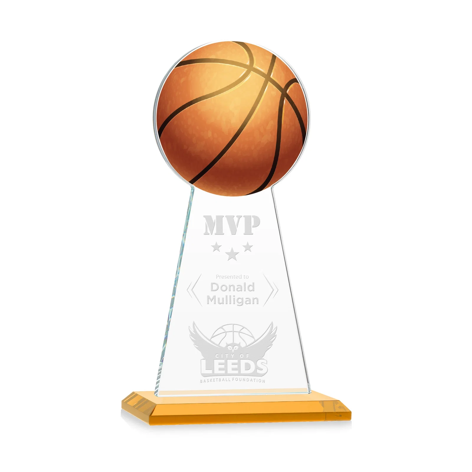 Custom Starfire Crystal Summit Award with Basketball-Shaped Peak for graduation ceremonies