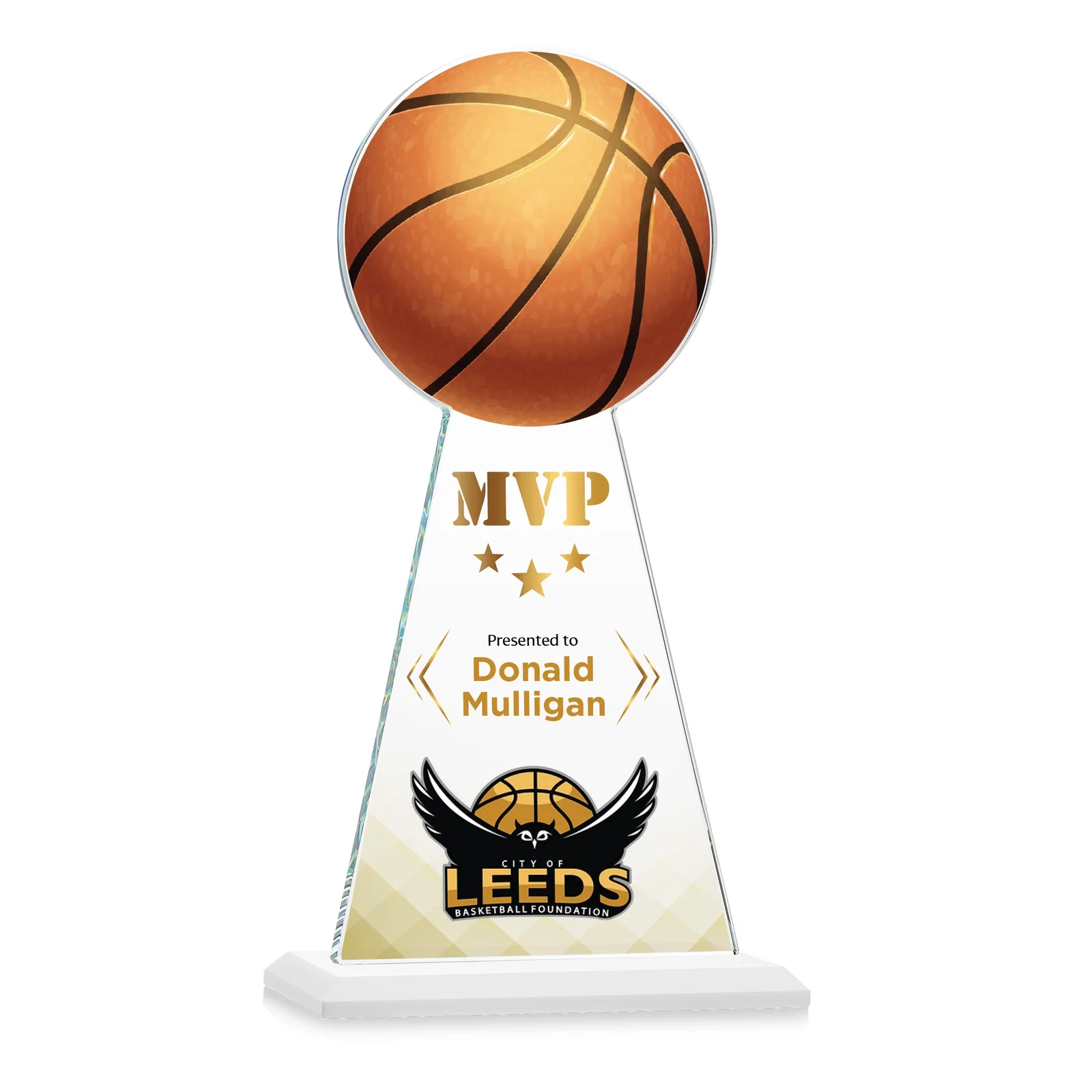 Customized Starfire Crystal Summit Award with Basketball-Shaped Peak for team milestone celebrations