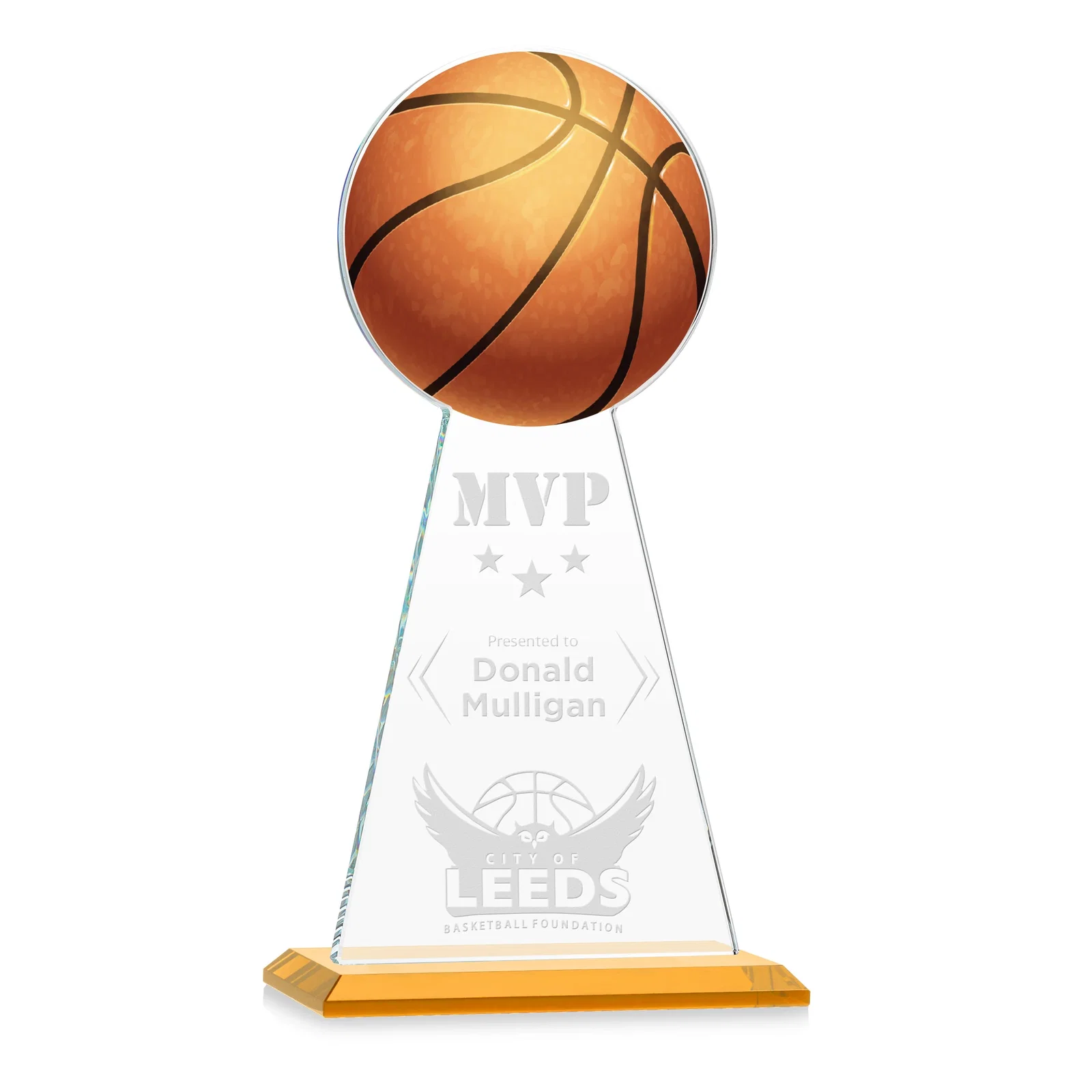 Custom Starfire Crystal Summit Award with Basketball-Shaped Peak for safety achievement programs