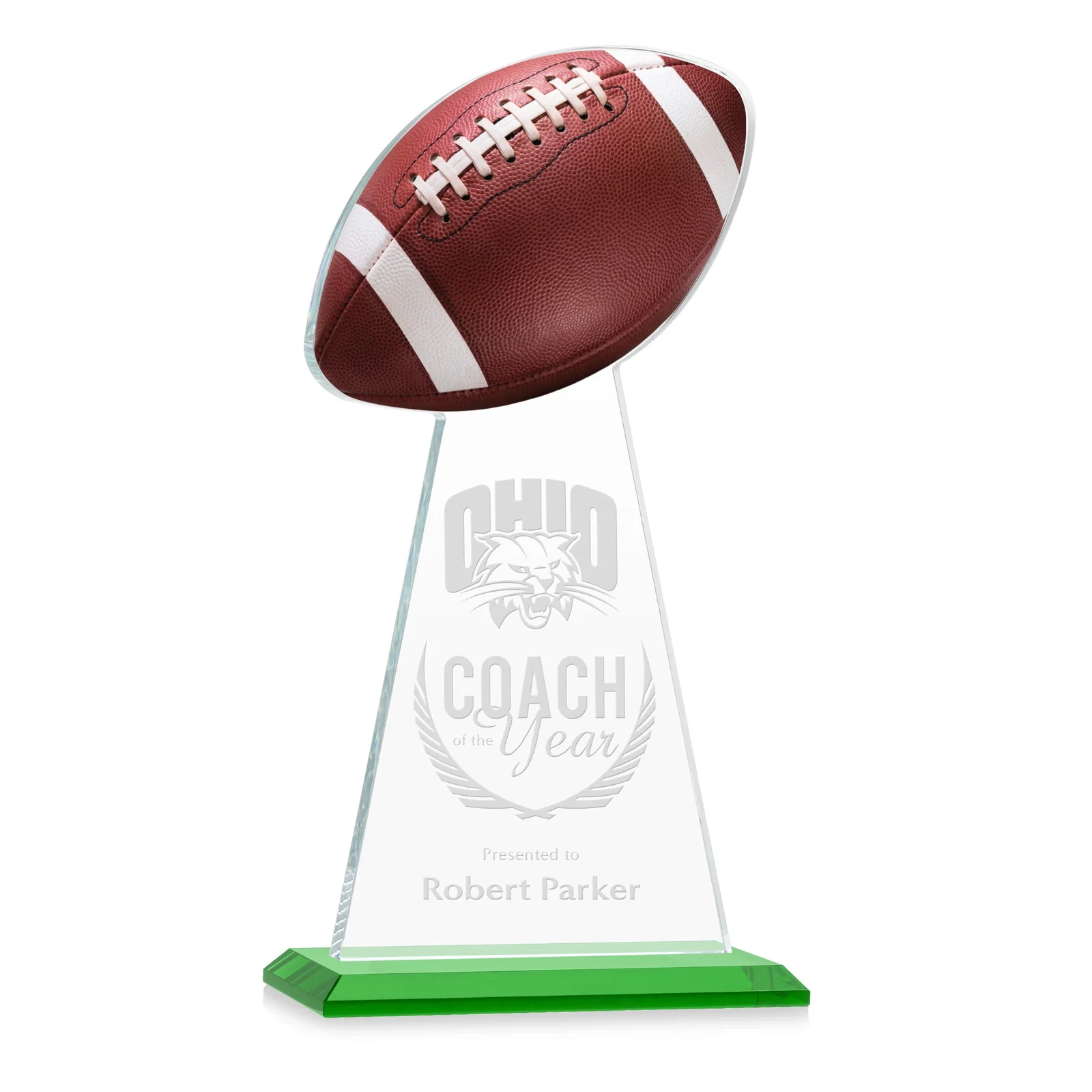 Personalized Starfire Crystal Award With Football-Shaped Peak for employee recognition