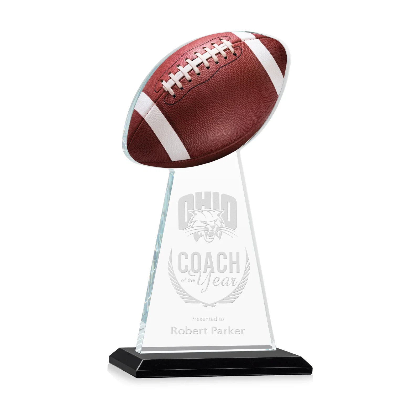 Personalized Starfire Crystal Award With Football-Shaped Peak for sales achievement awards