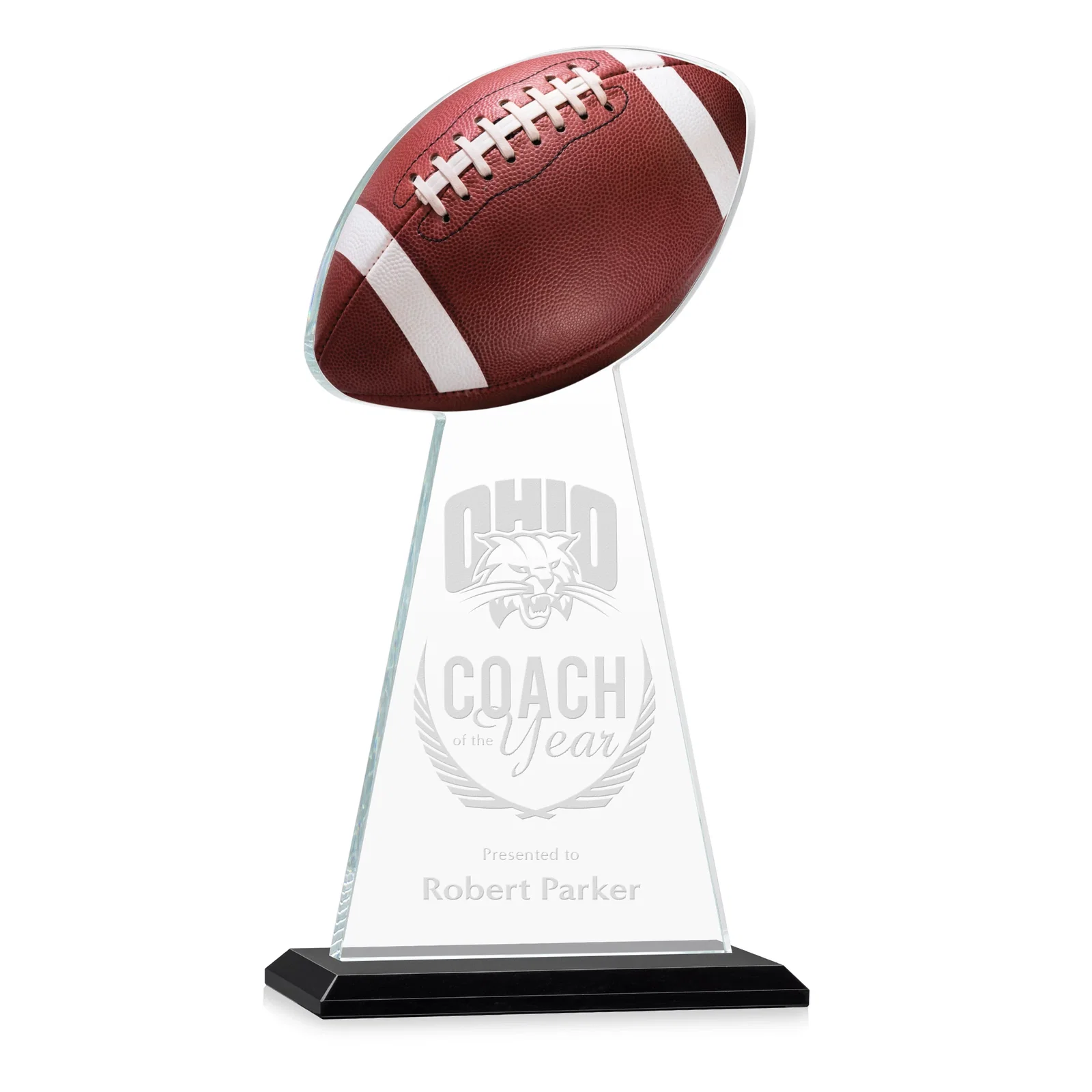 Personalized Starfire Crystal Award With Football-Shaped Peak for retirement presentations