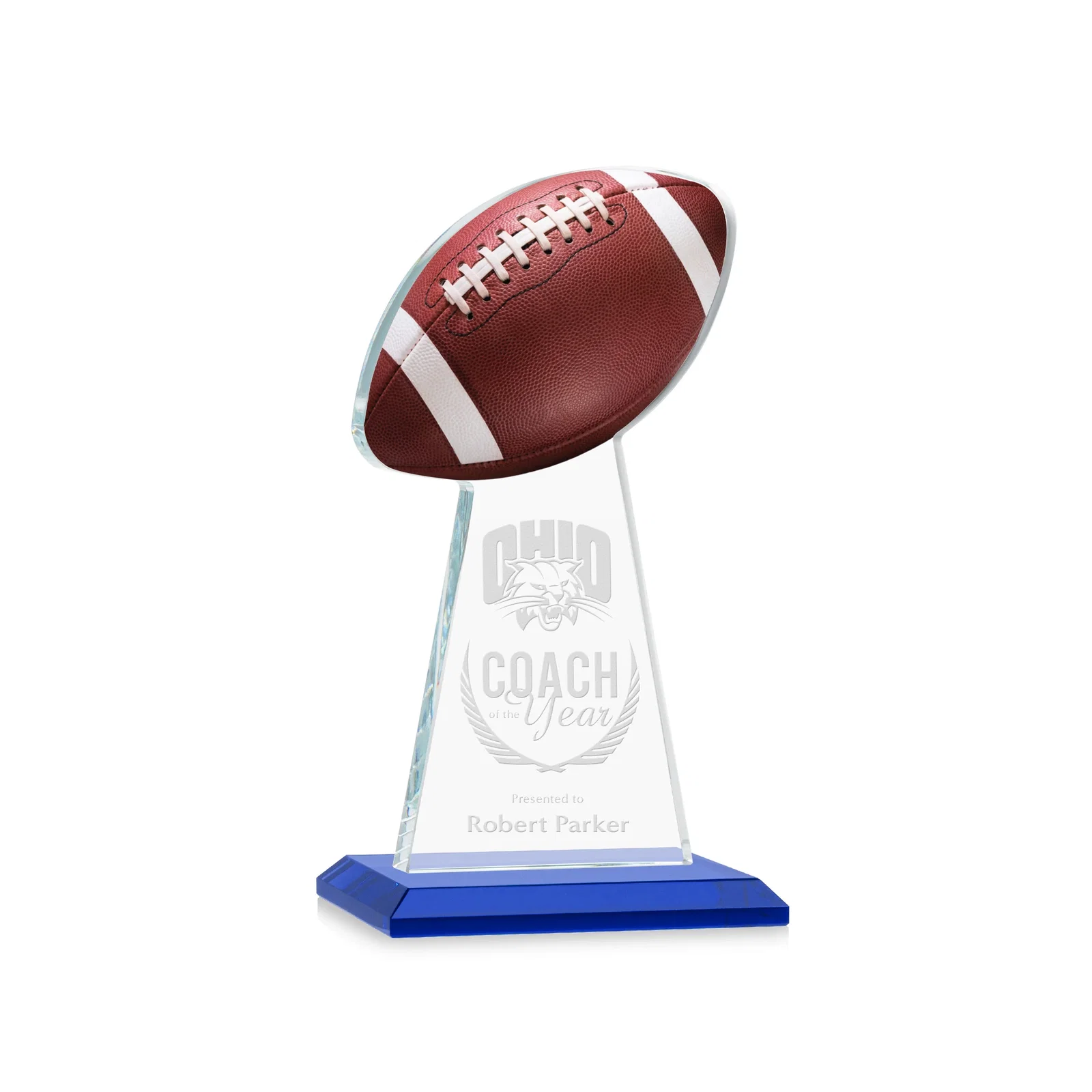 Personalized Starfire Crystal Award With Football-Shaped Peak for donor appreciation
