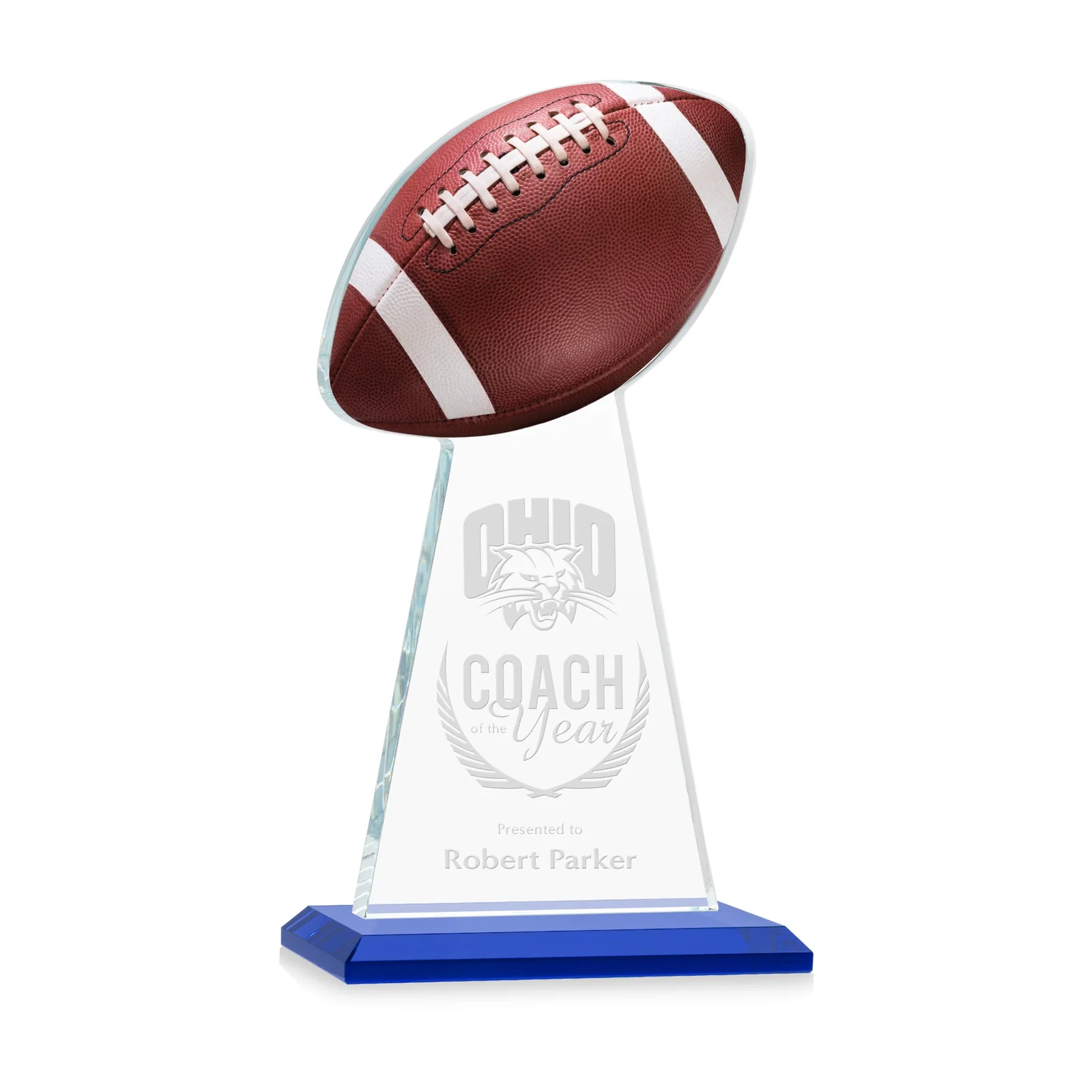 Personalized Starfire Crystal Award With Football-Shaped Peak for graduation ceremonies