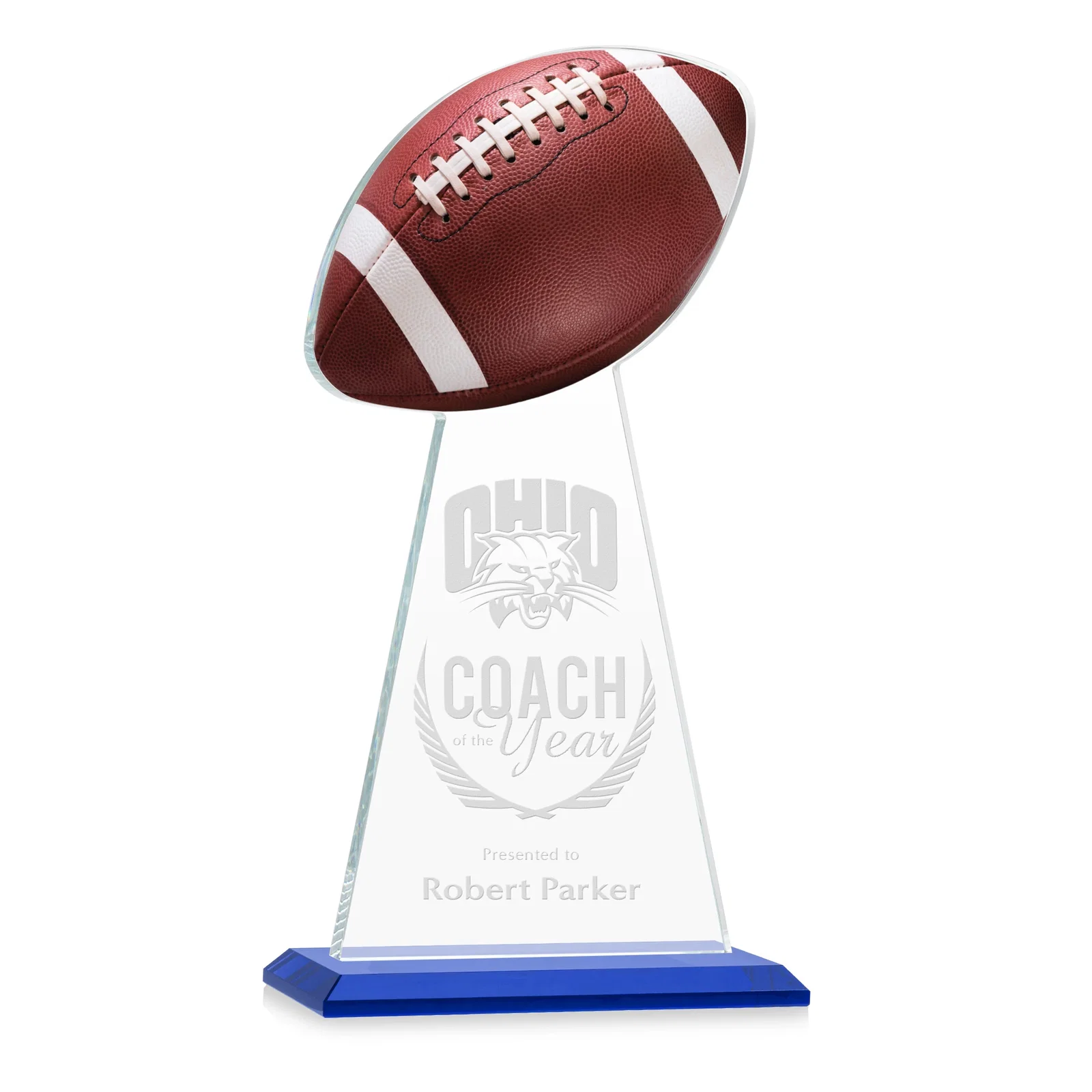 Personalized Starfire Crystal Award With Football-Shaped Peak for safety achievement programs