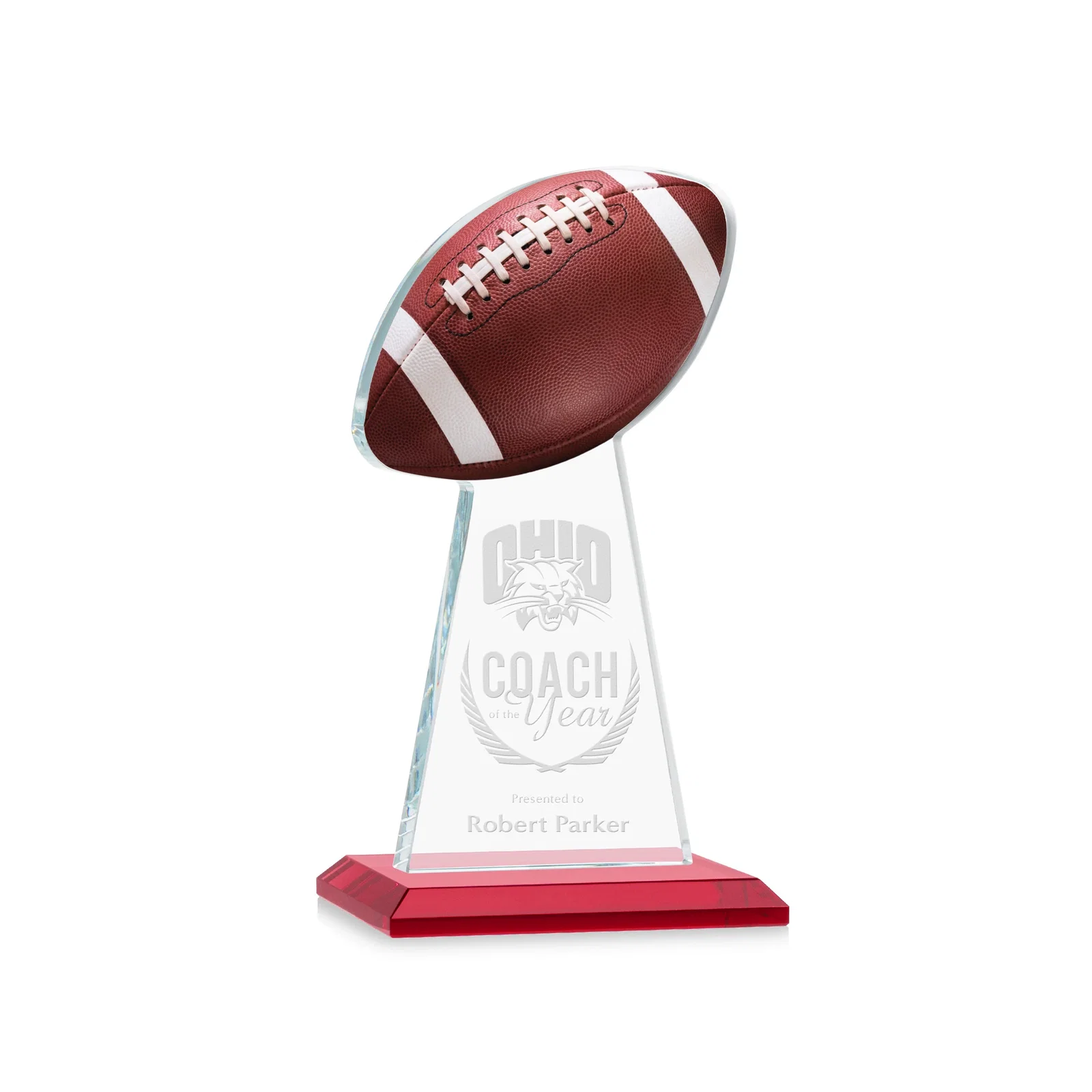 Personalized Starfire Crystal Award With Football-Shaped Peak for dealer and partner awards