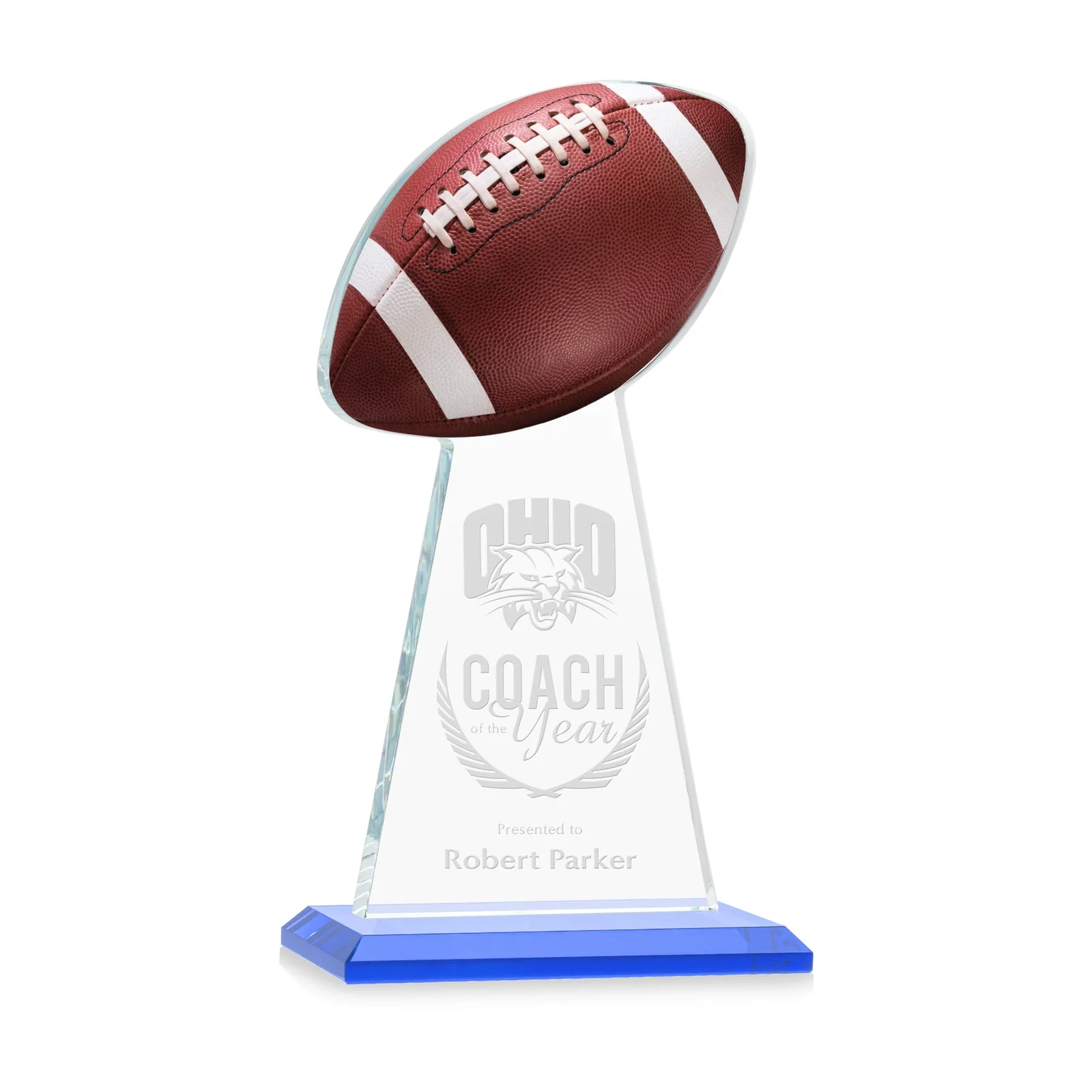 Promotional Starfire Crystal Award With Football-Shaped Peak for sales achievement awards