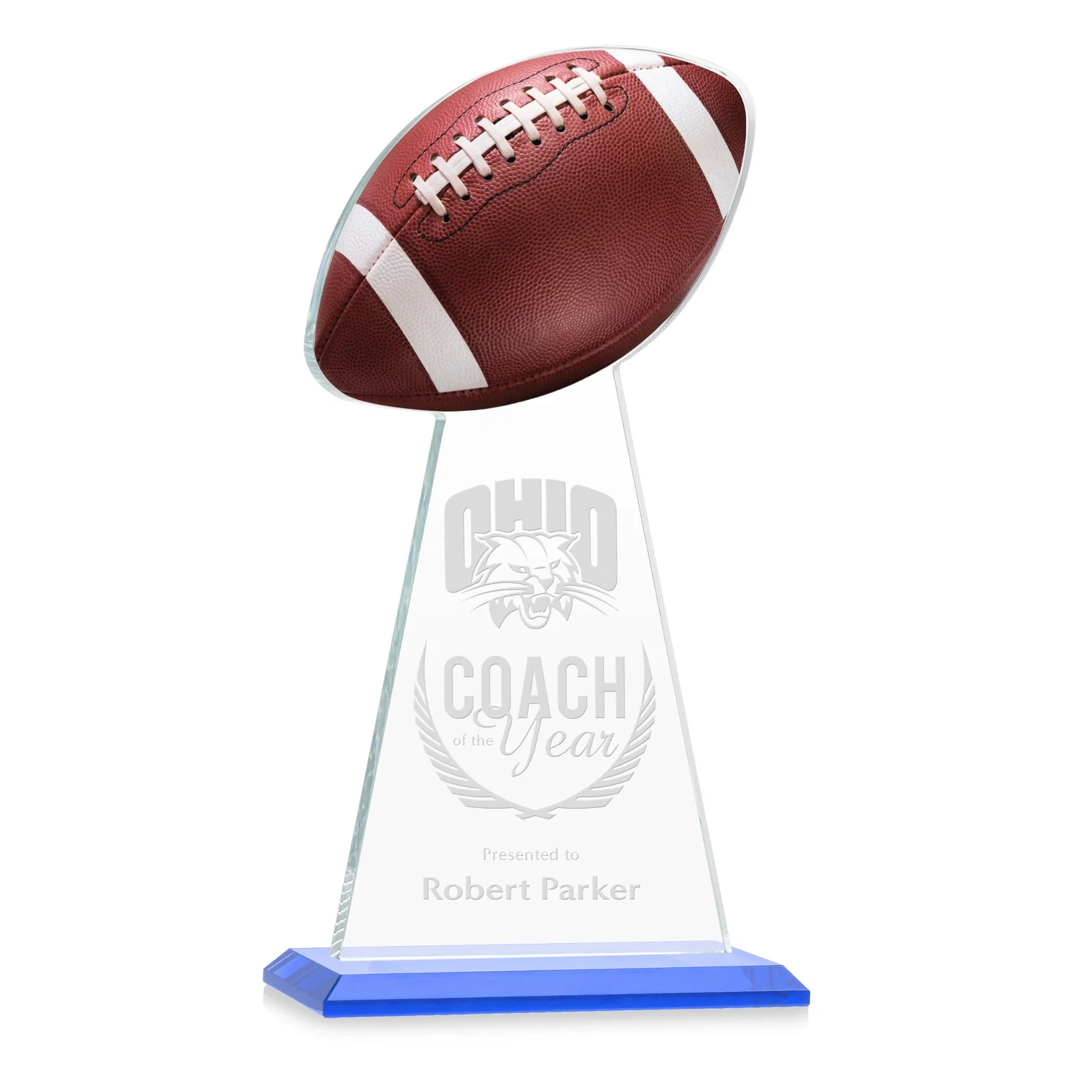Promotional Starfire Crystal Award With Football-Shaped Peak for retirement presentations