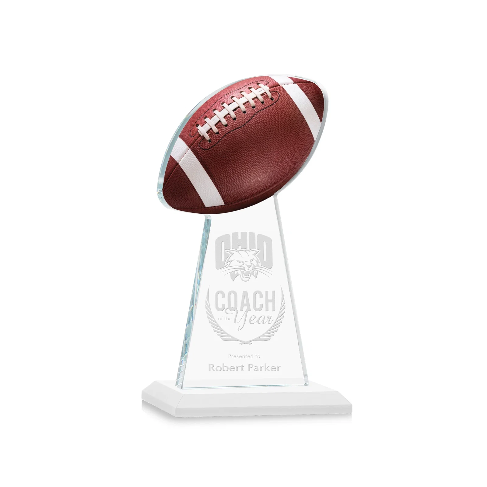 Promotional Starfire Crystal Award With Football-Shaped Peak for donor appreciation