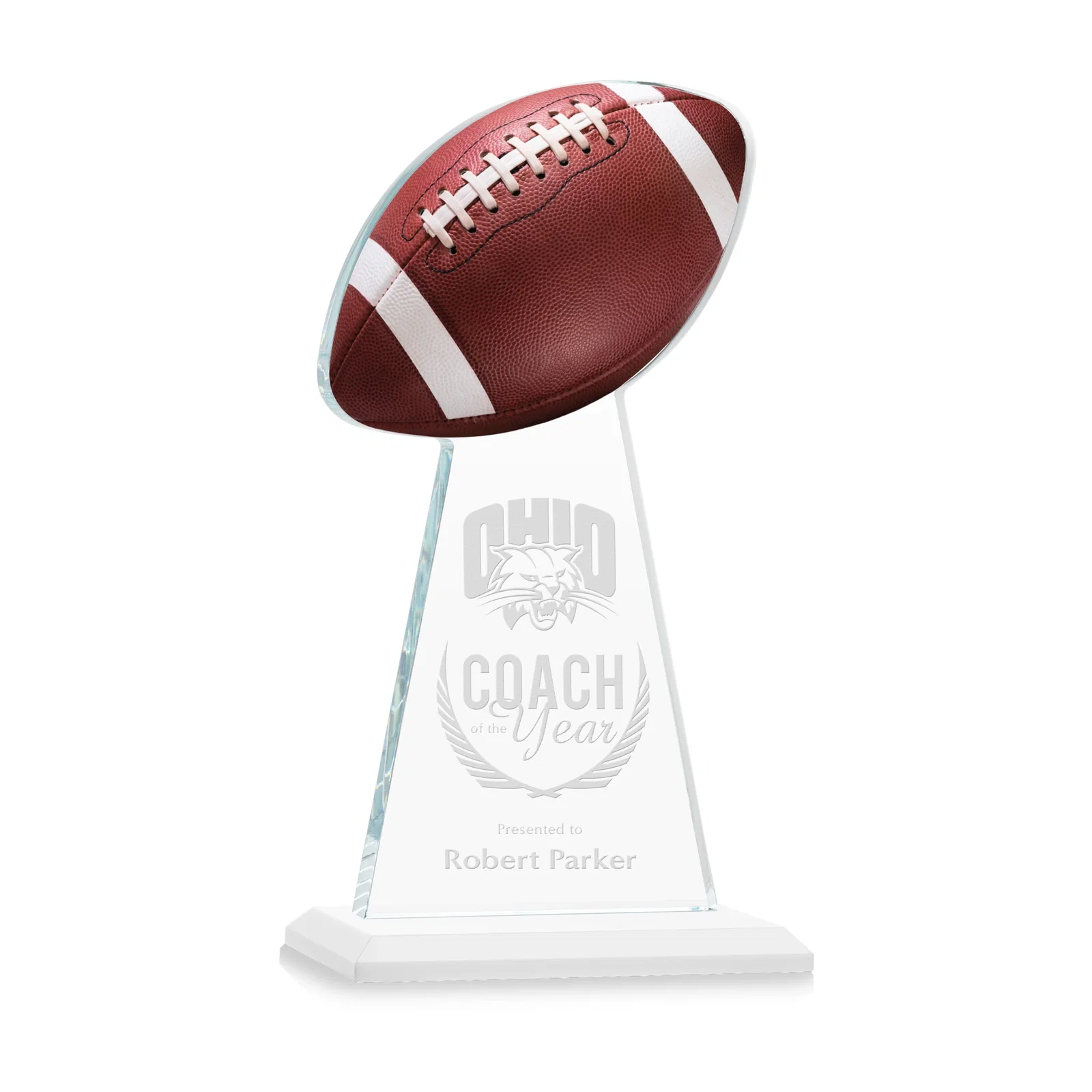 Promotional Starfire Crystal Award With Football-Shaped Peak for graduation ceremonies