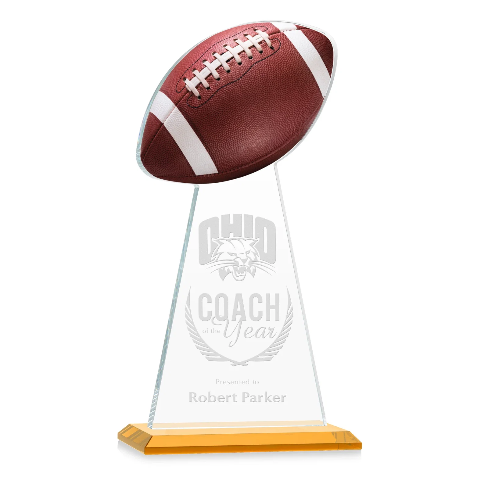 Custom Starfire Crystal Award With Football-Shaped Peak for sales achievement awards