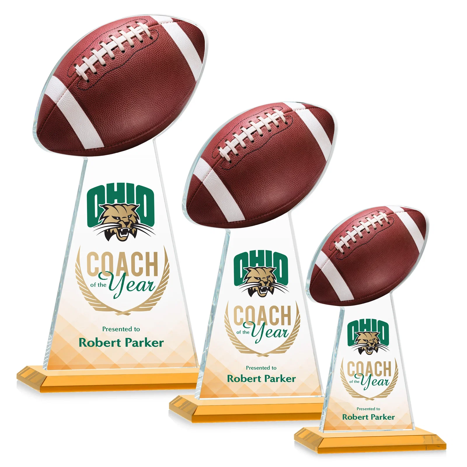 Promotional Starfire Crystal Award With Football-Shaped Peak for volunteer appreciation