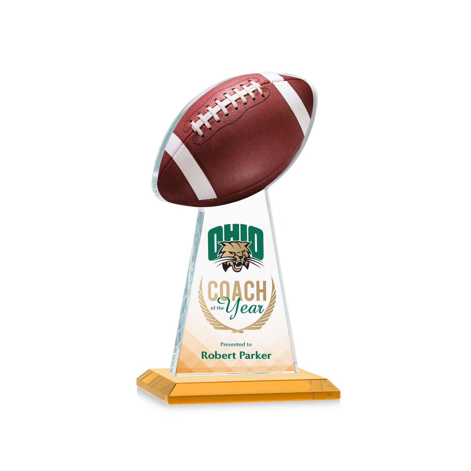 Promotional Starfire Crystal Award With Football-Shaped Peak for dealer and partner awards