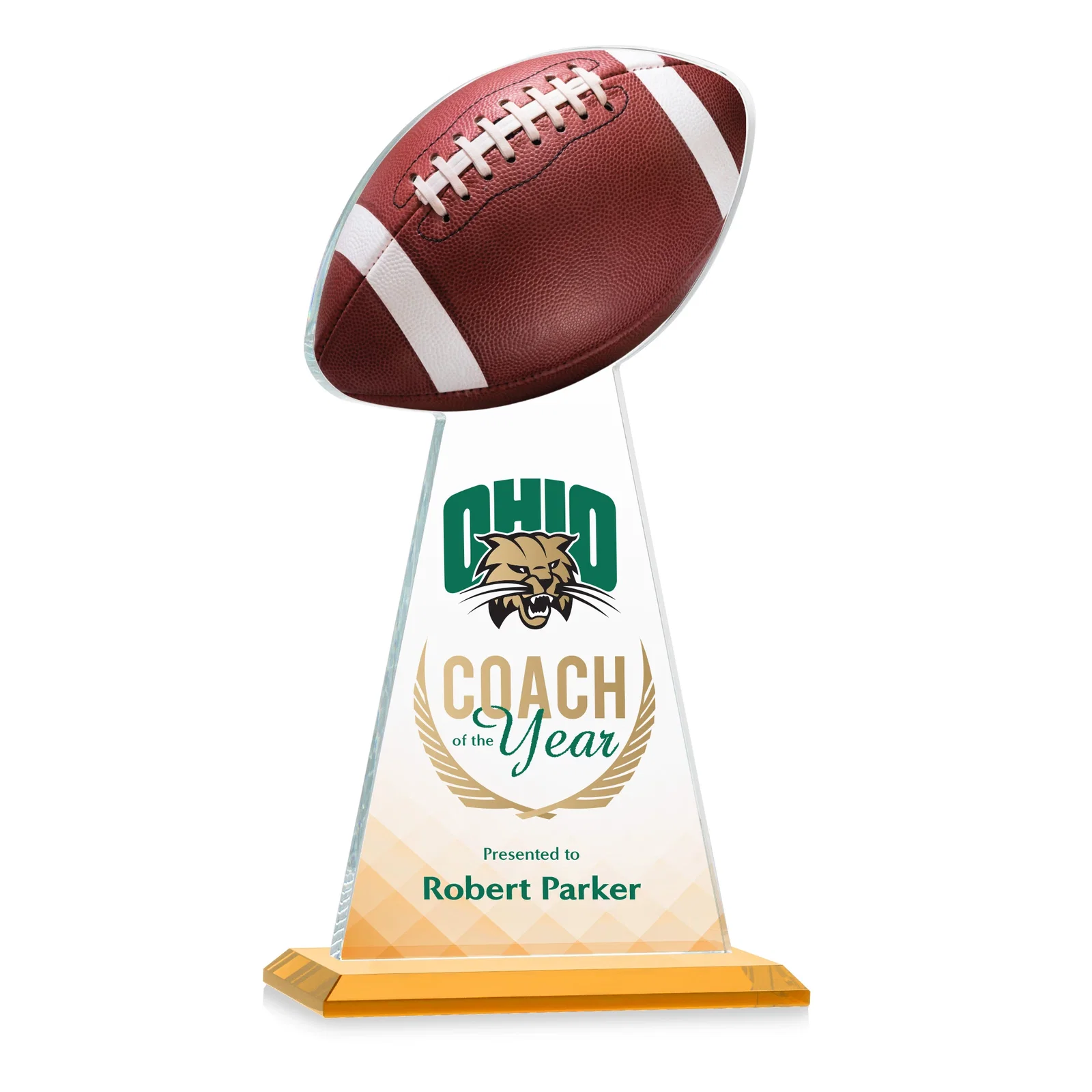 Branded Starfire Crystal Award With Football-Shaped Peak for employee recognition