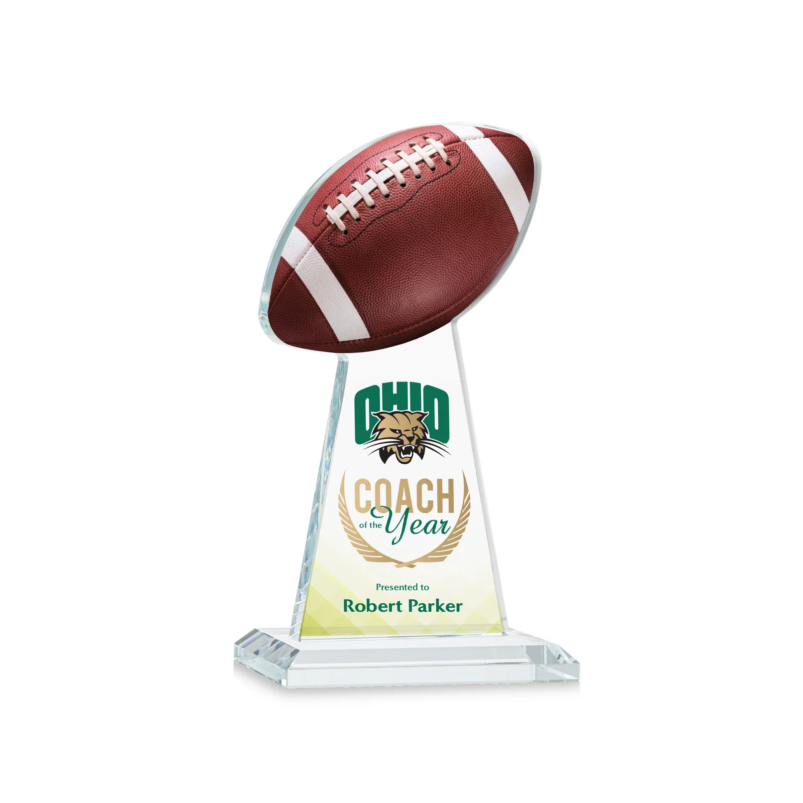 Branded Starfire Crystal Award With Football-Shaped Peak for service anniversary gifts