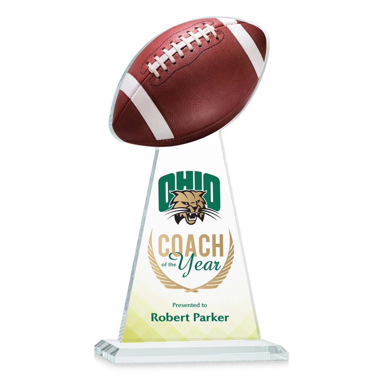 Branded Starfire Crystal Award With Football-Shaped Peak for retirement presentations