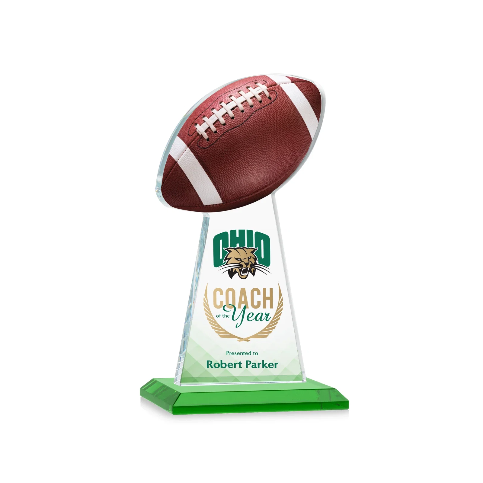 Branded Starfire Crystal Award With Football-Shaped Peak for donor appreciation