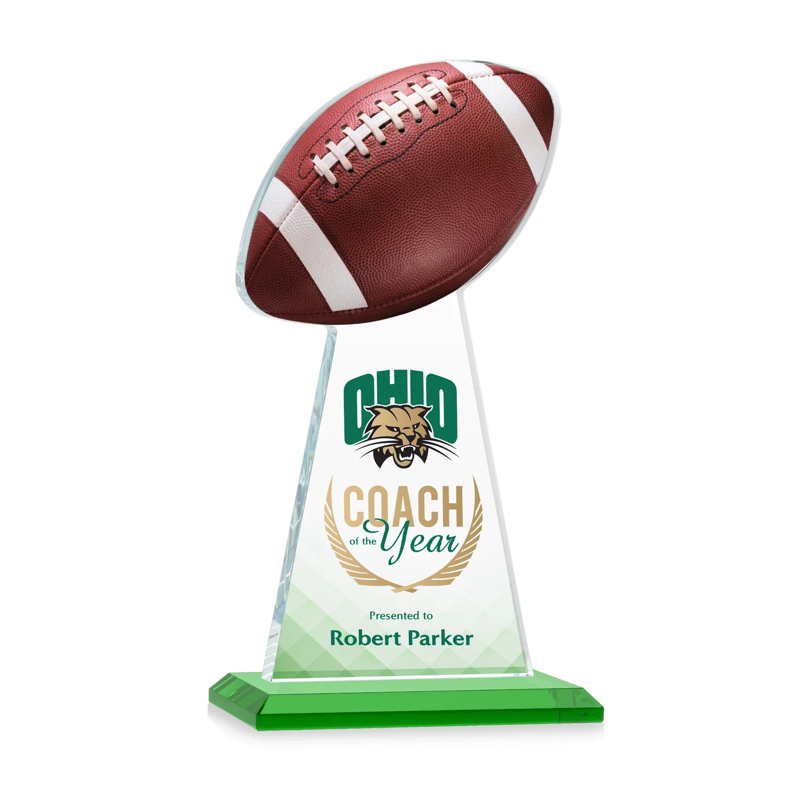 Branded Starfire Crystal Award With Football-Shaped Peak for graduation ceremonies
