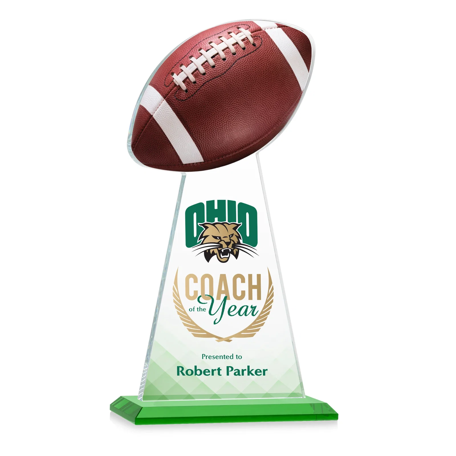 Branded Starfire Crystal Award With Football-Shaped Peak for safety achievement programs