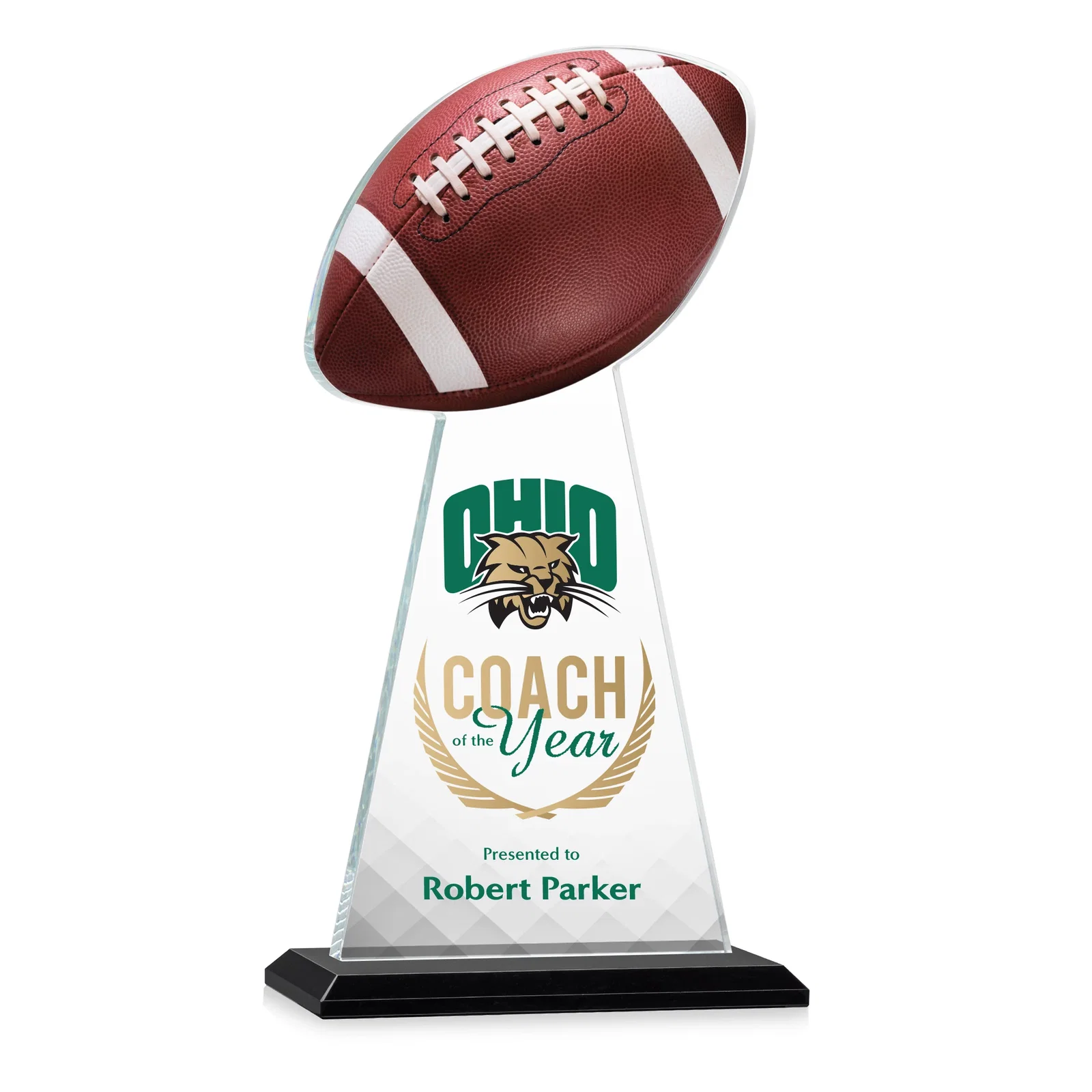 Custom printed Starfire Crystal Award With Football-Shaped Peak for employee recognition