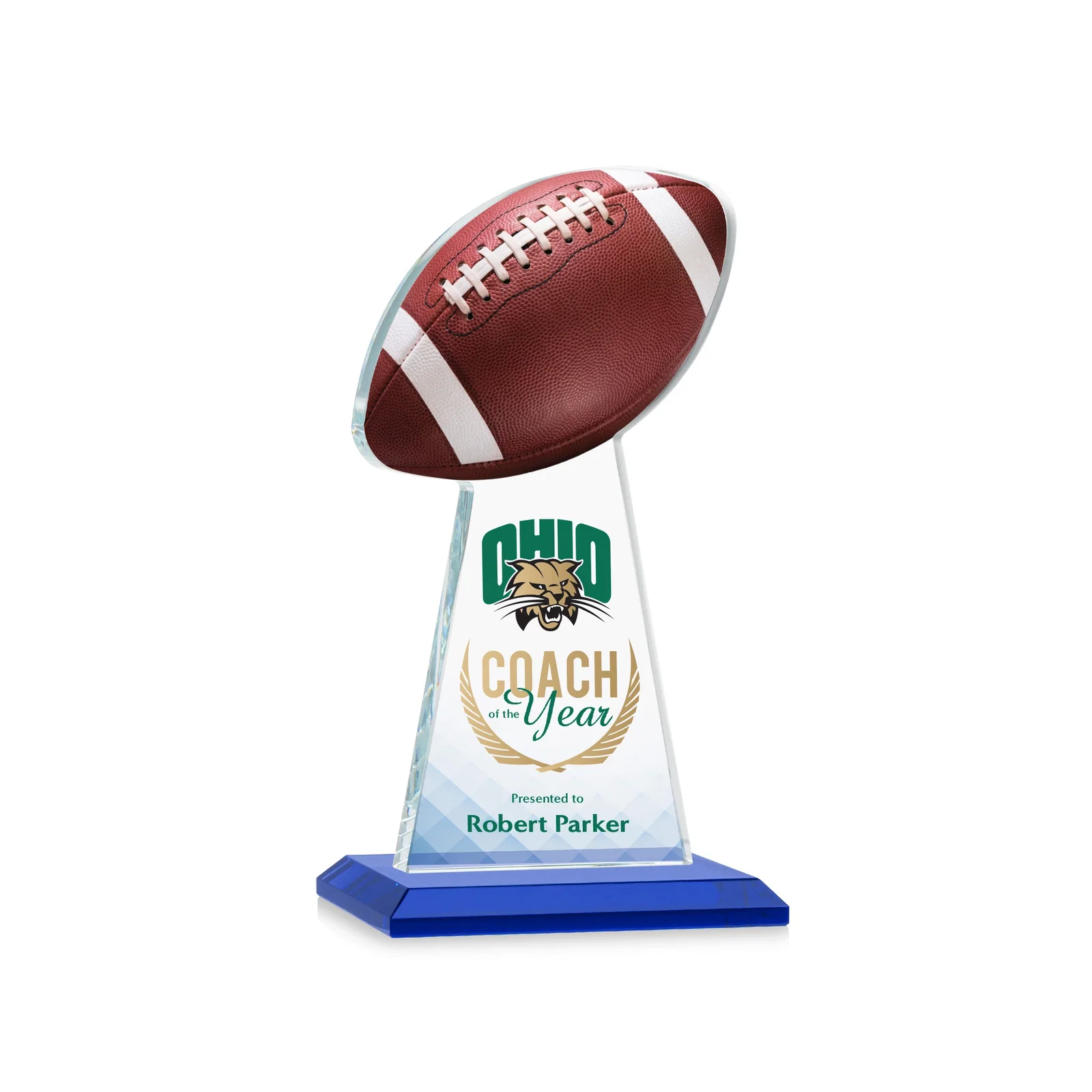 Custom printed Starfire Crystal Award With Football-Shaped Peak for service anniversary gifts