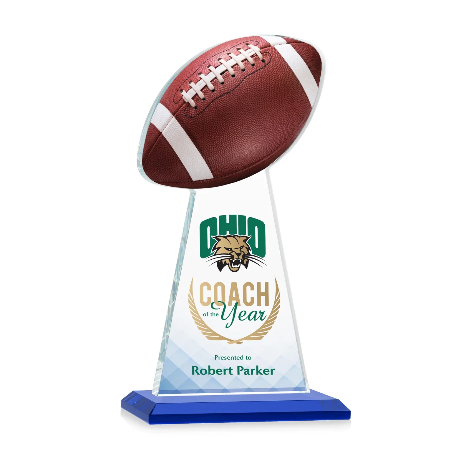Custom printed Starfire Crystal Award With Football-Shaped Peak for sales achievement awards