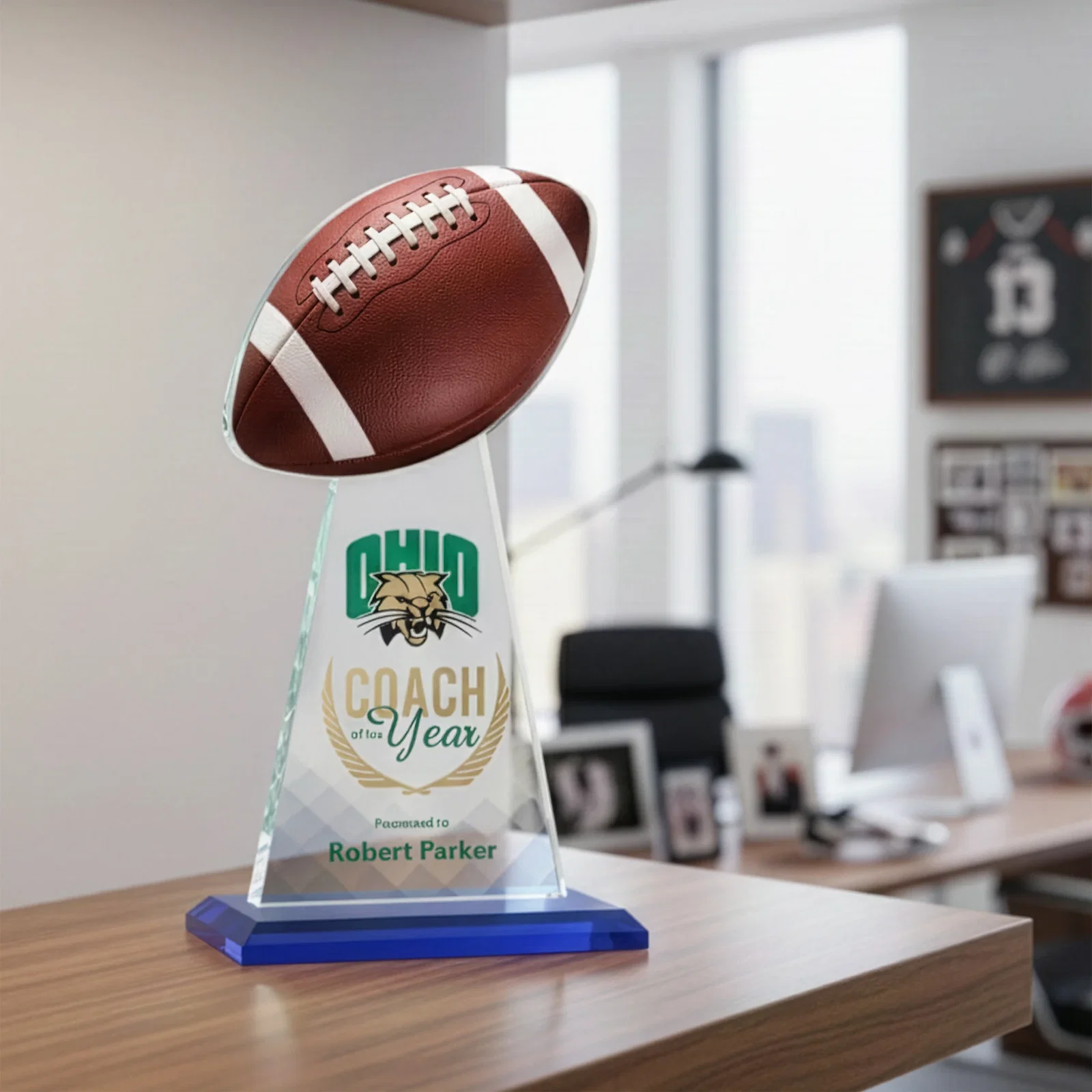 Custom printed Starfire Crystal Award With Football-Shaped Peak for team milestone celebrations
