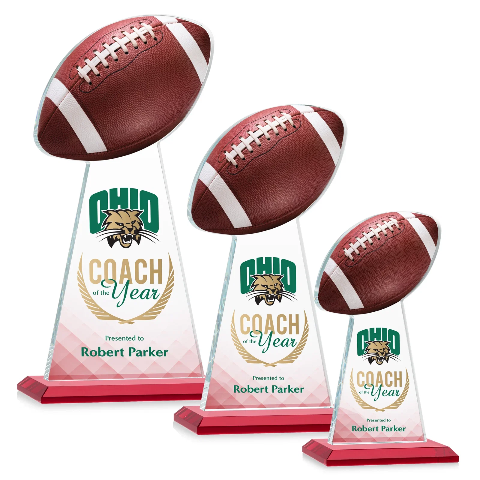 Custom printed Starfire Crystal Award With Football-Shaped Peak for donor appreciation