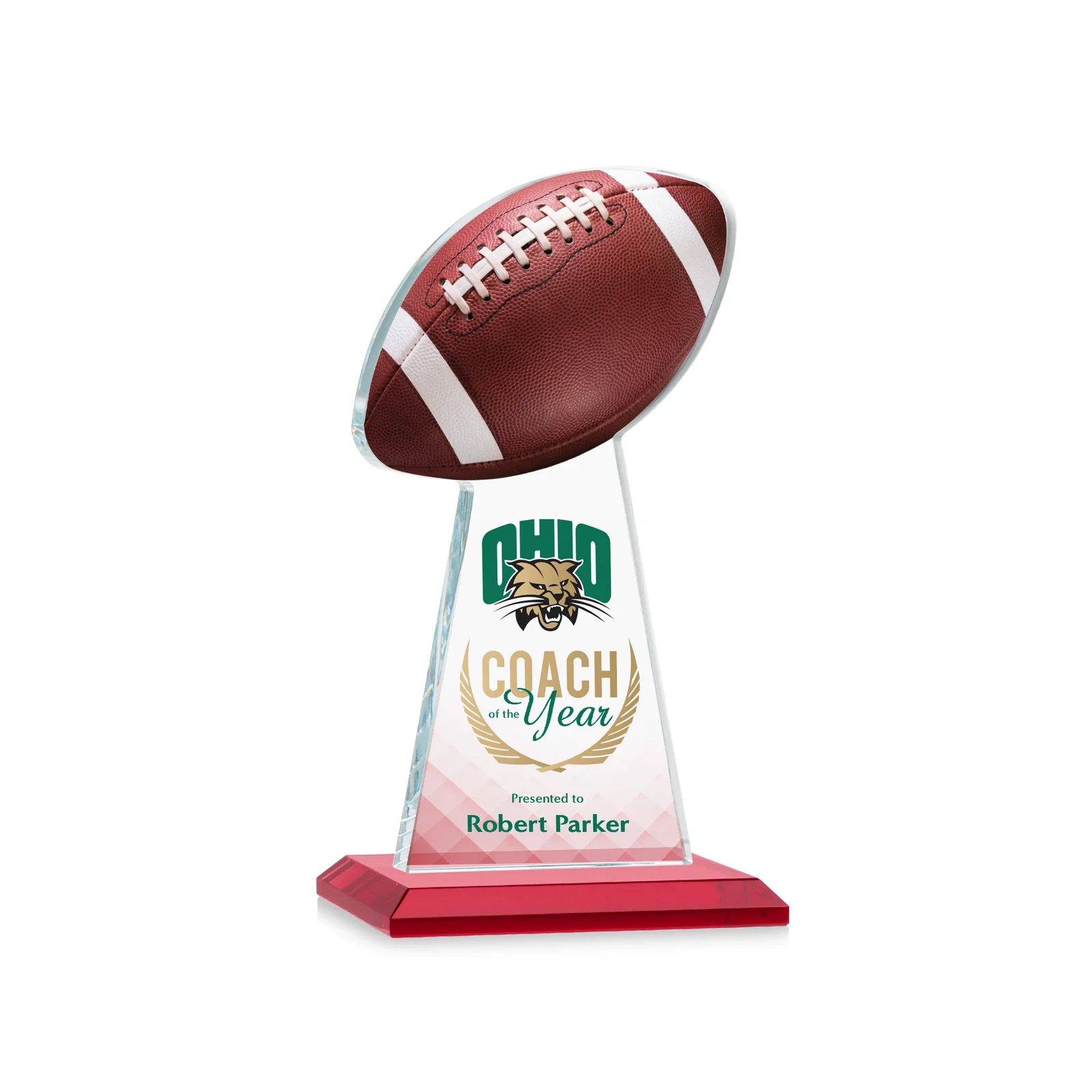 Custom printed Starfire Crystal Award With Football-Shaped Peak for graduation ceremonies