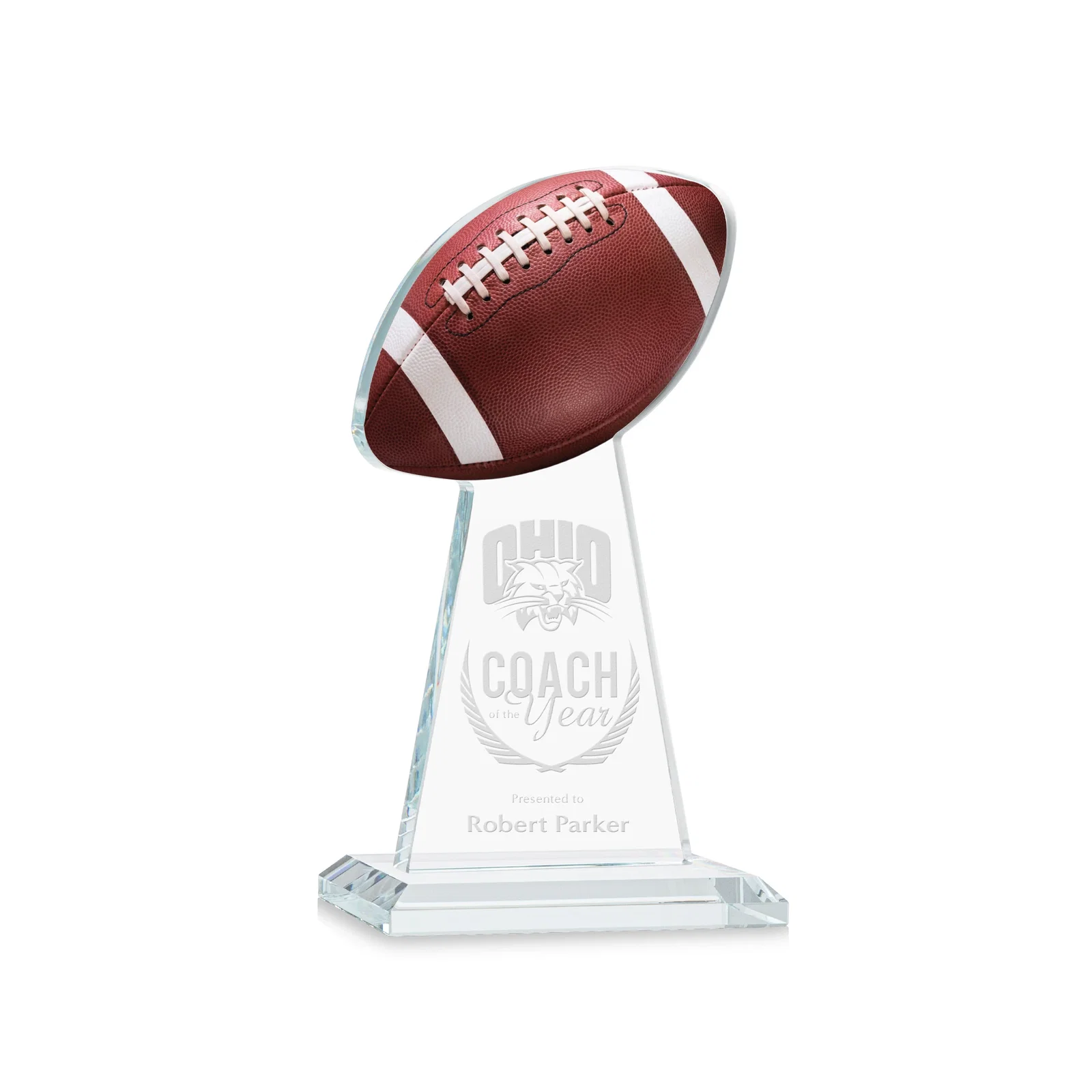 Custom Starfire Crystal Award With Football-Shaped Peak for donor appreciation