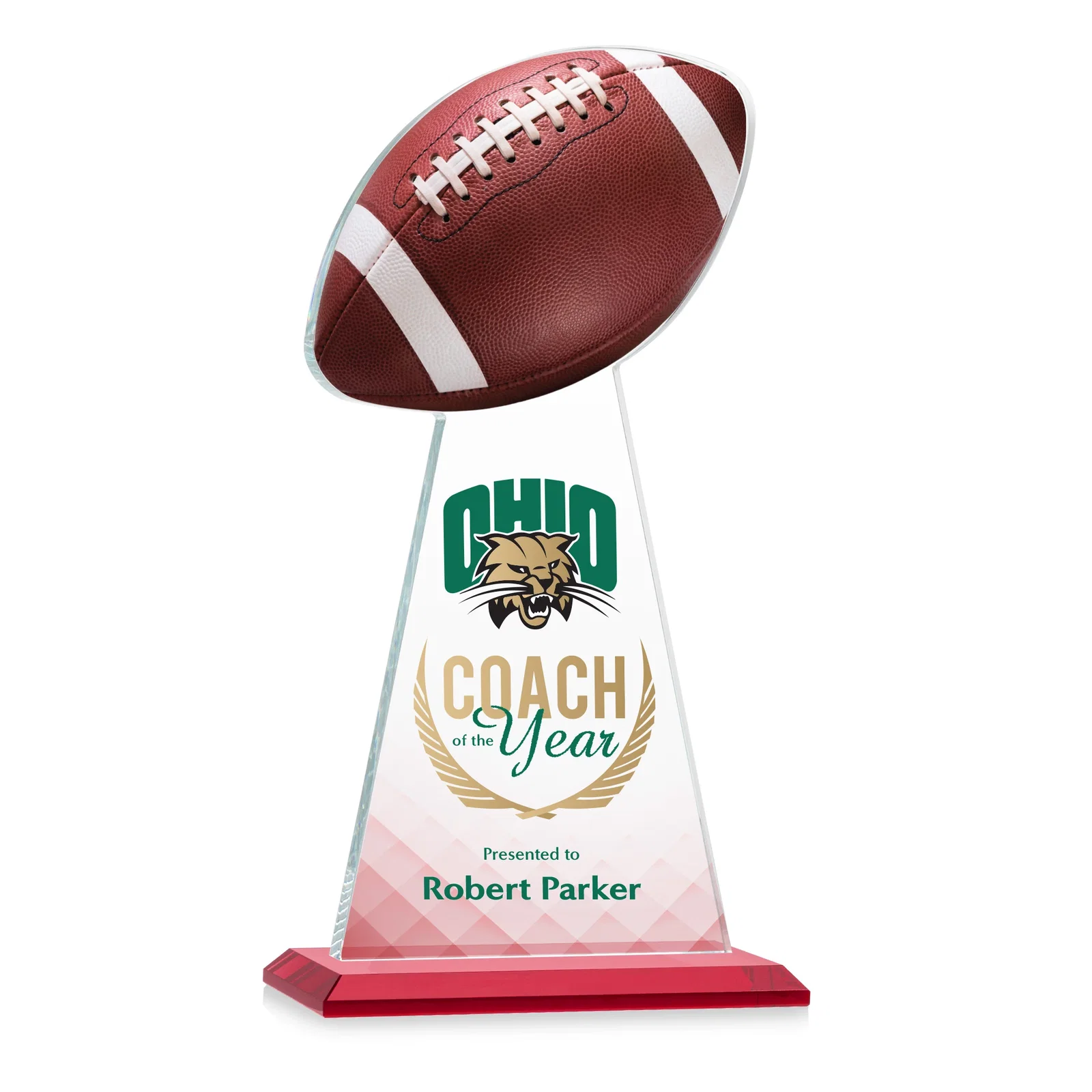 Custom printed Starfire Crystal Award With Football-Shaped Peak for volunteer appreciation