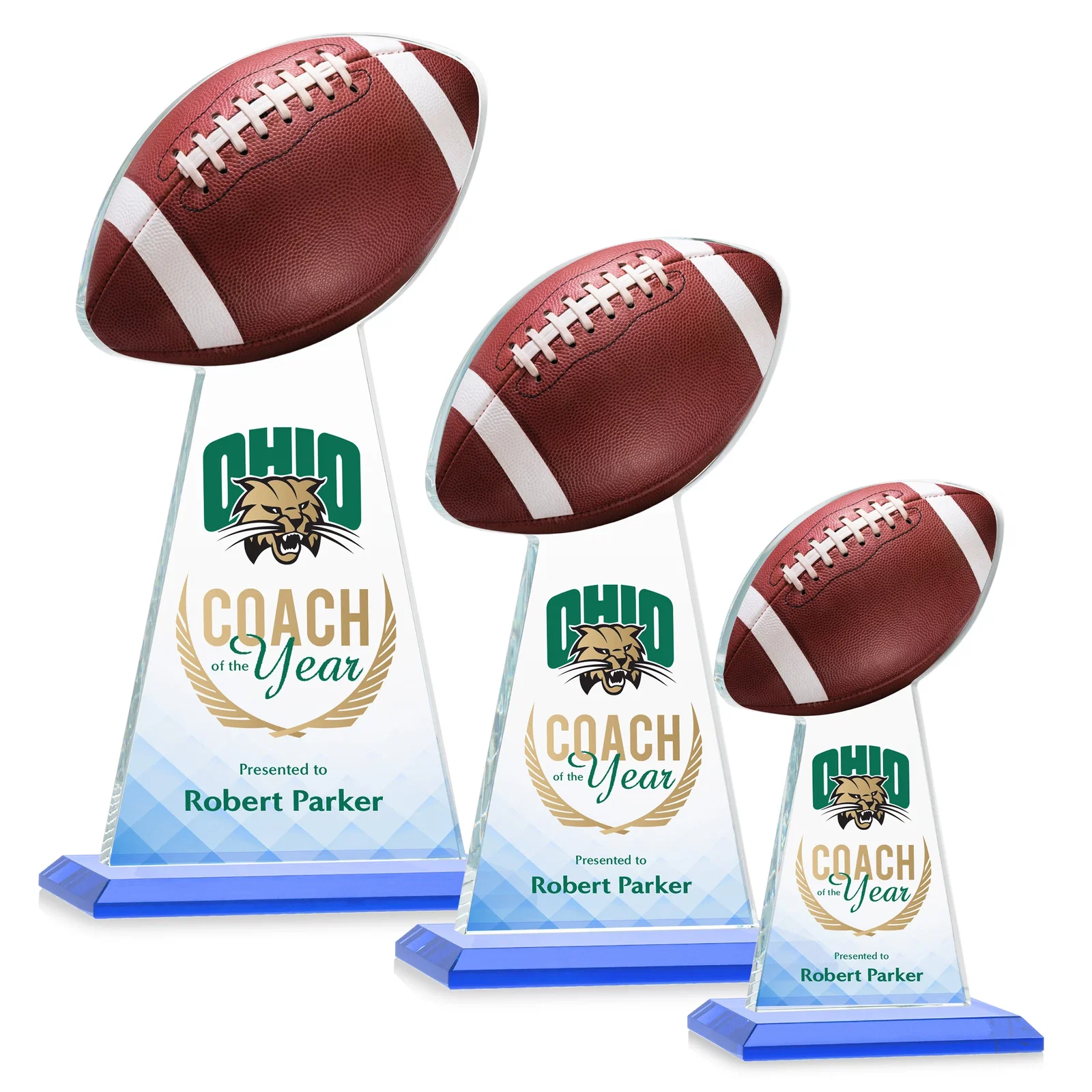 Custom printed Starfire Crystal Award With Football-Shaped Peak for dealer and partner awards