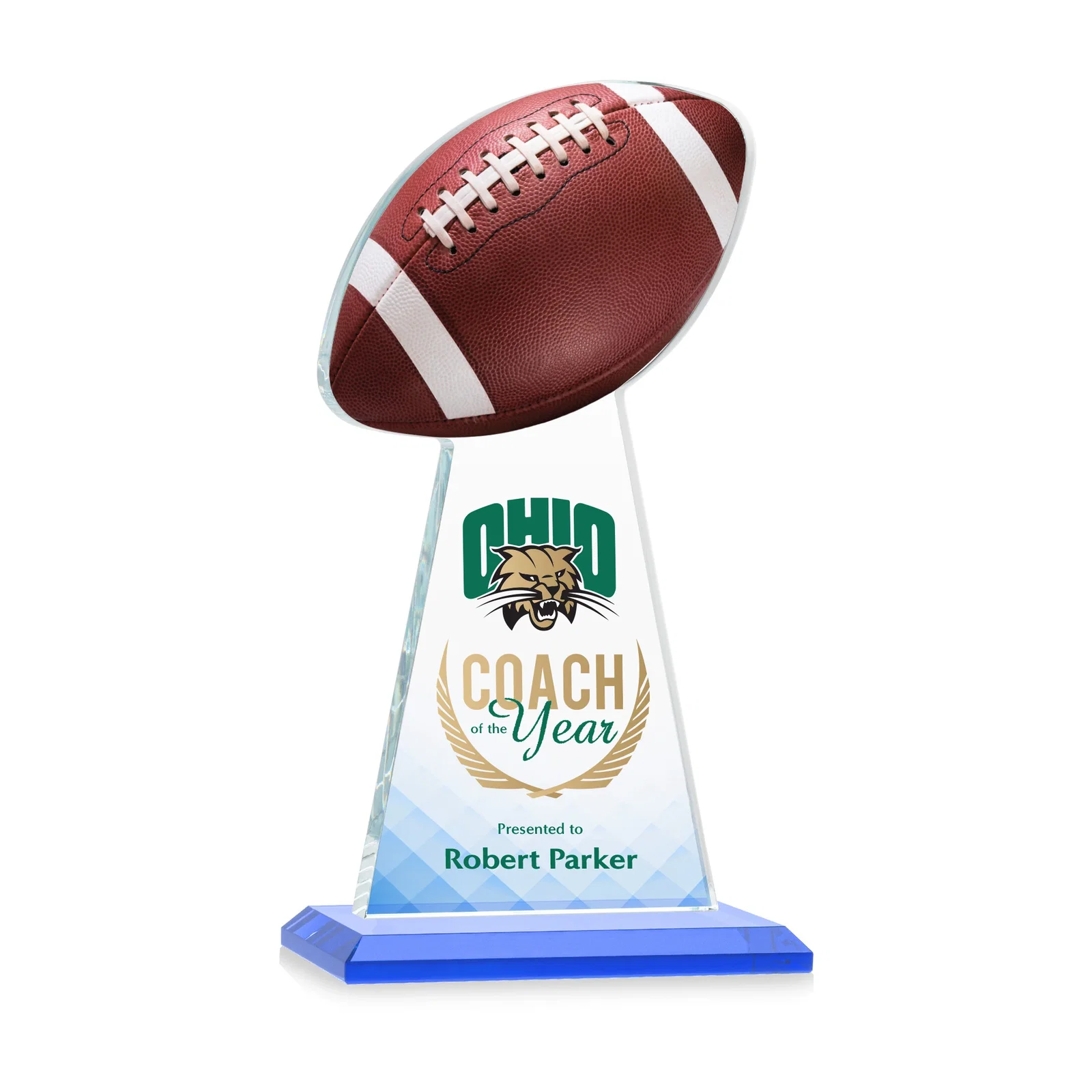 Customized Starfire Crystal Award With Football-Shaped Peak for employee recognition