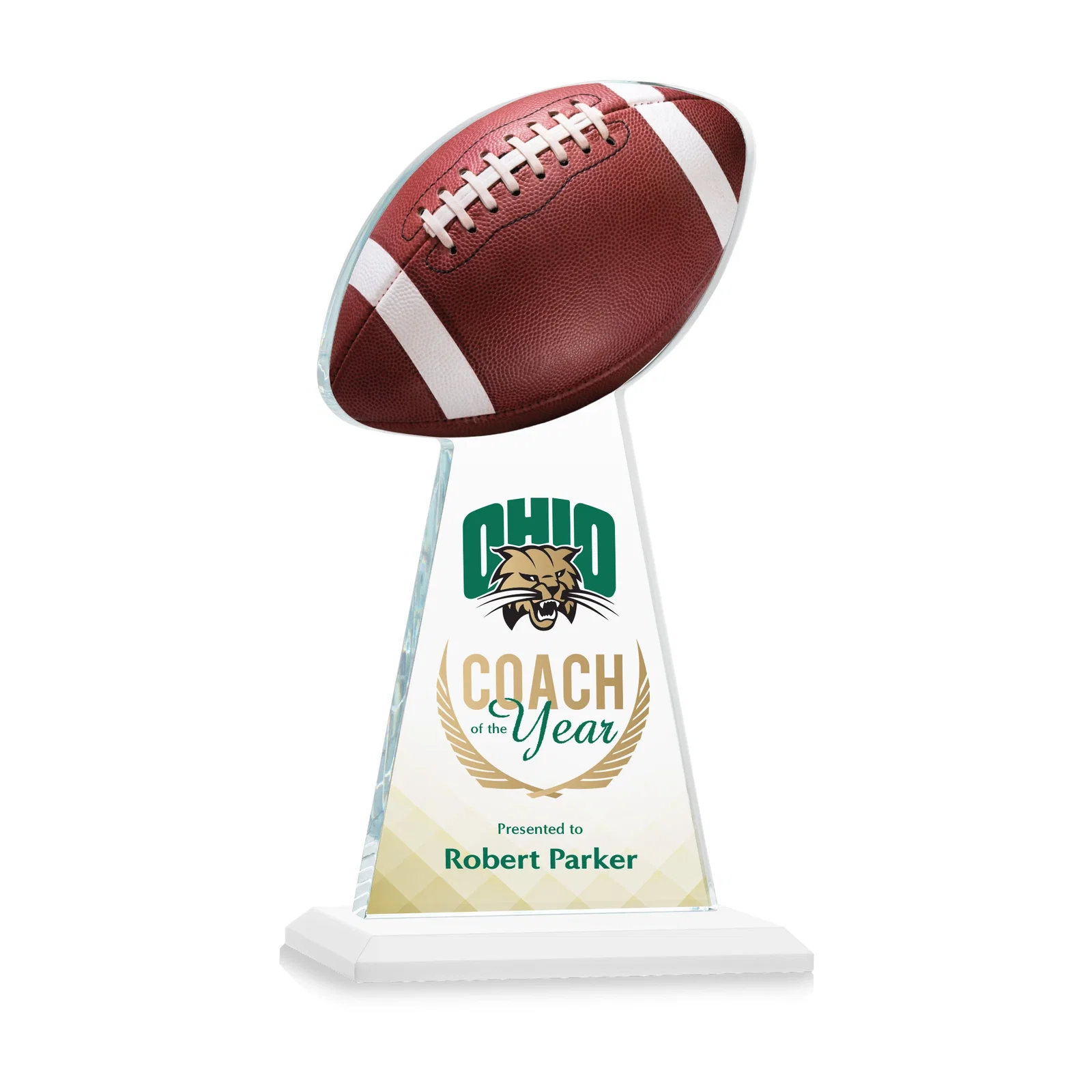 Customized Starfire Crystal Award With Football-Shaped Peak for retirement presentations