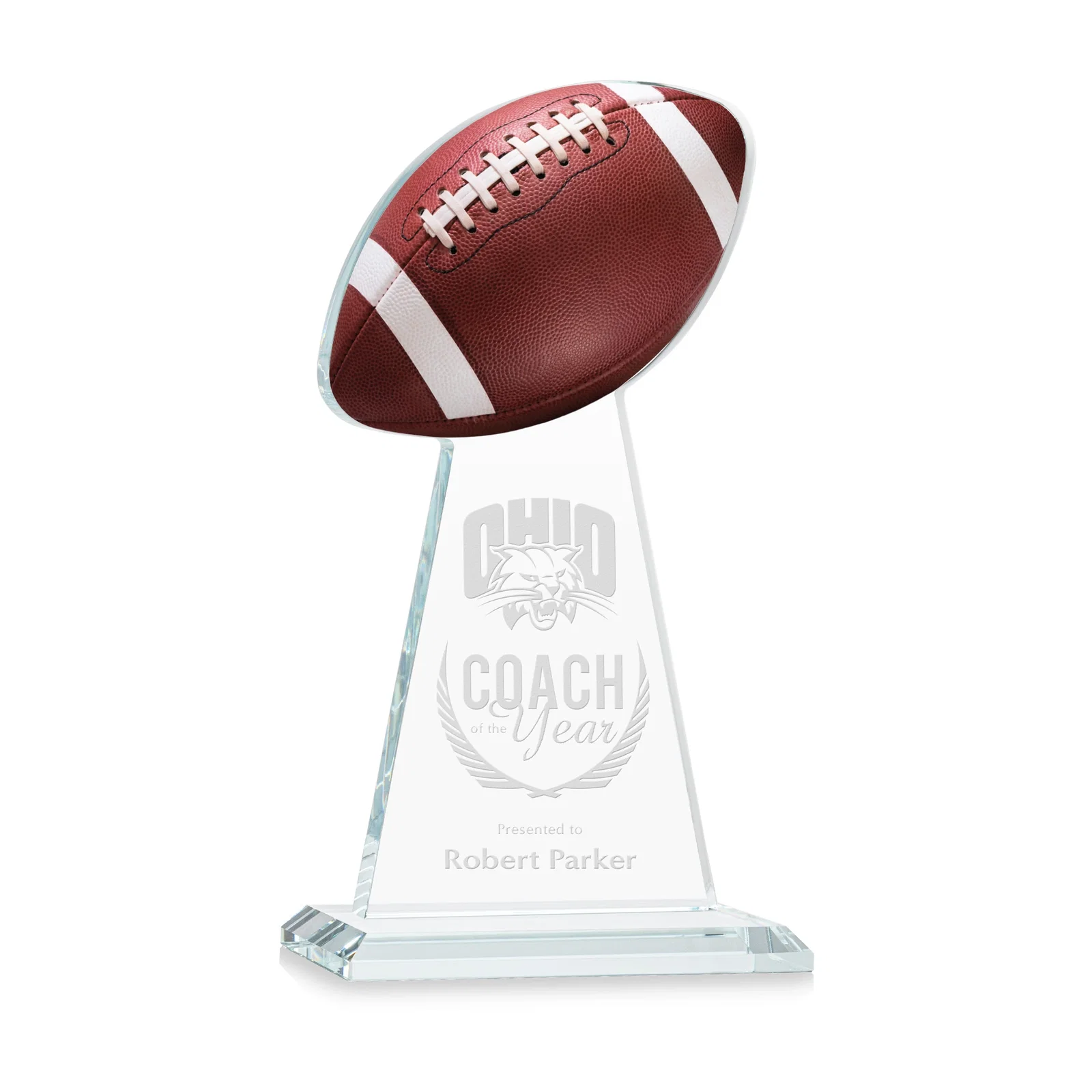 Custom Starfire Crystal Award With Football-Shaped Peak for graduation ceremonies