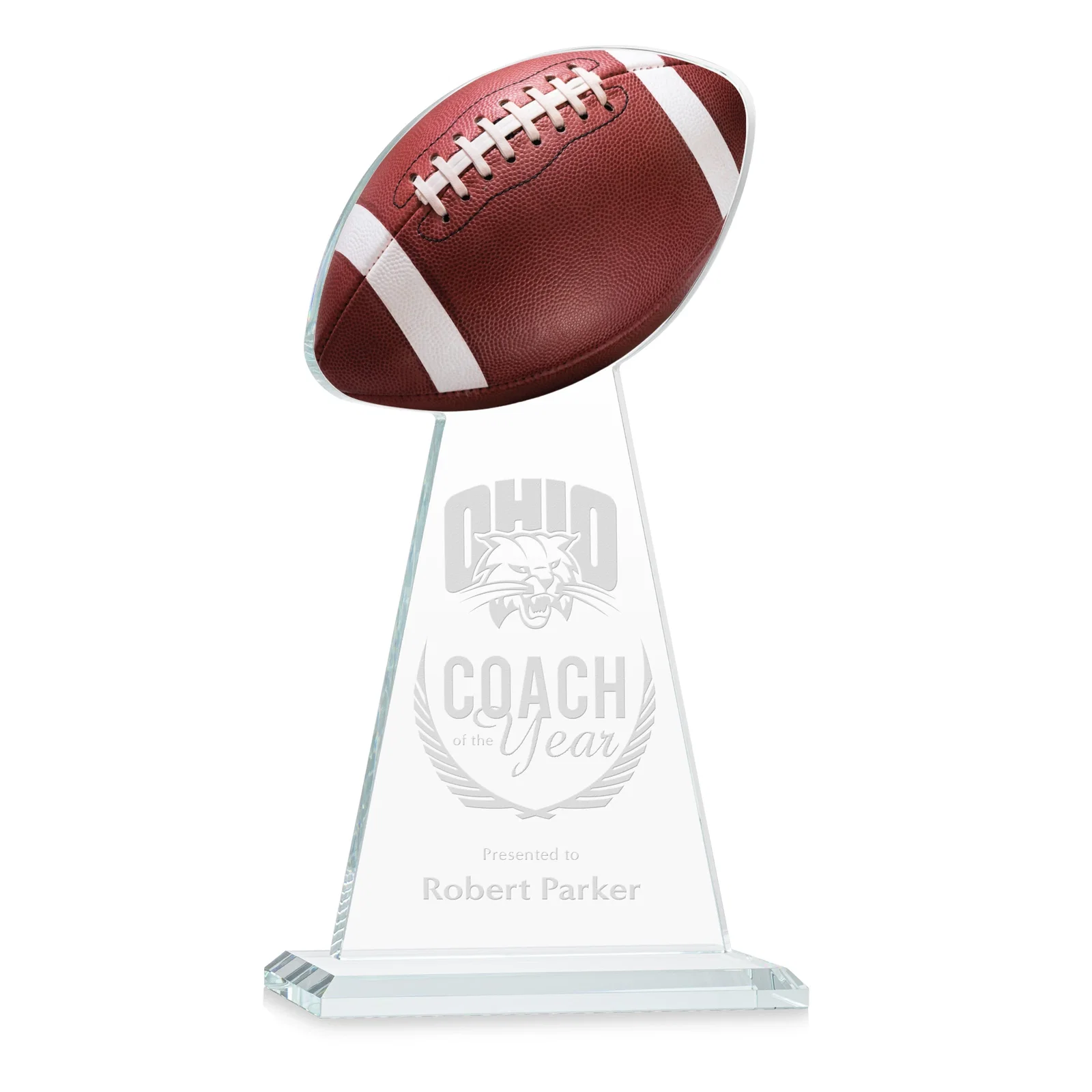 Custom Starfire Crystal Award With Football-Shaped Peak for safety achievement programs