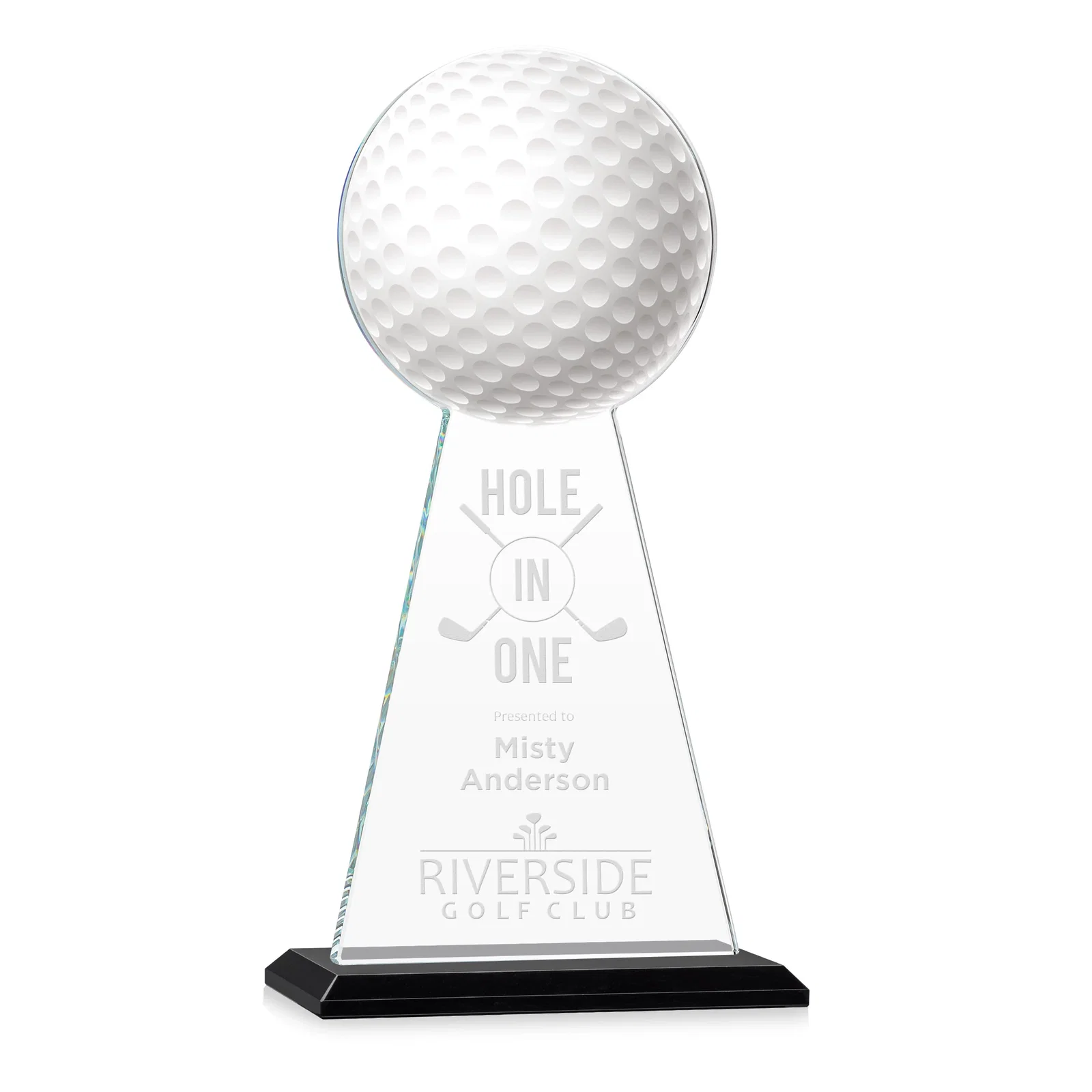Personalized Starfire Crystal Award With Golf Ball-Shaped Peak for retirement presentations