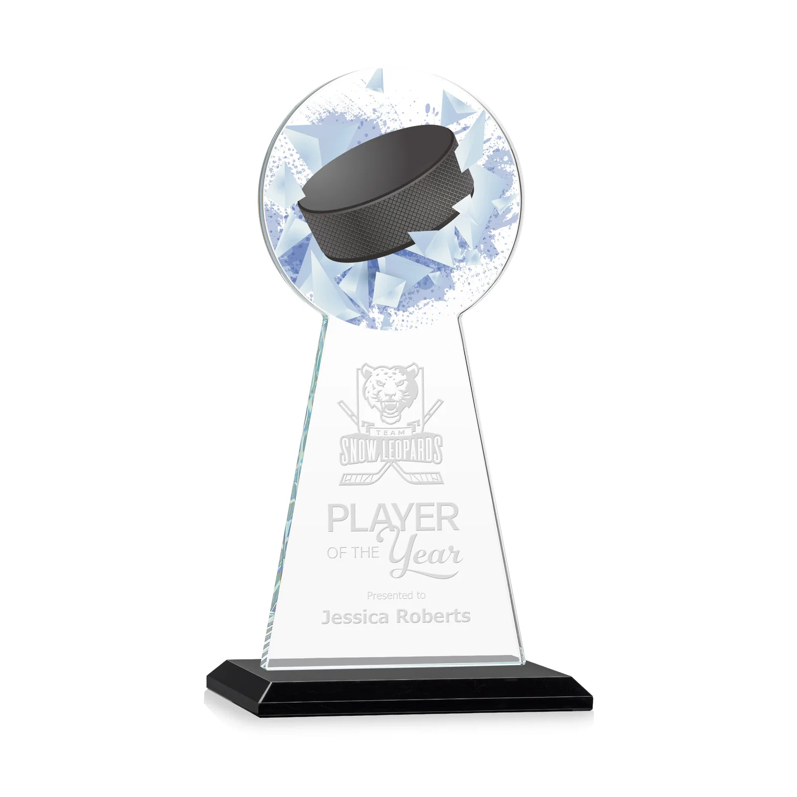 Personalized Starfire Crystal Award With Hockey Puck-Shaped Peak for sales achievement awards