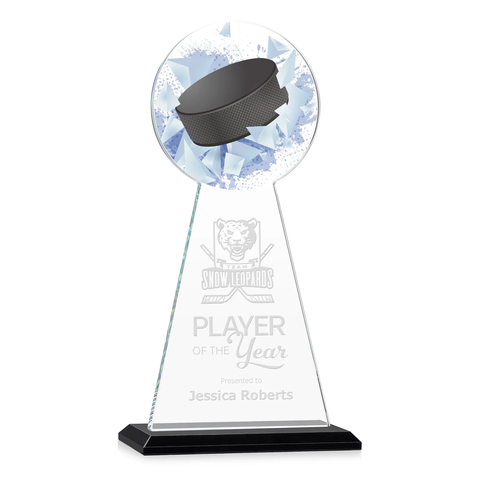 Personalized Starfire Crystal Award With Hockey Puck-Shaped Peak for retirement presentations