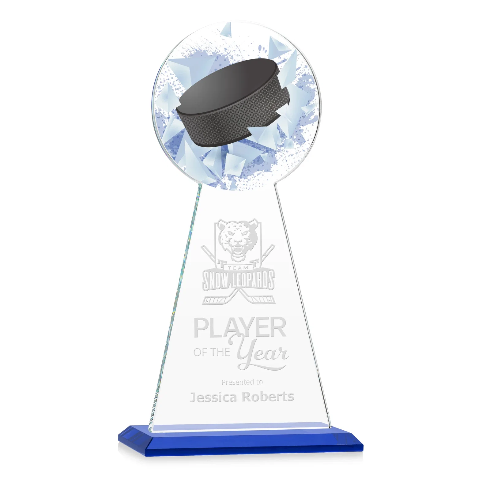 Personalized Starfire Crystal Award With Hockey Puck-Shaped Peak for safety achievement programs